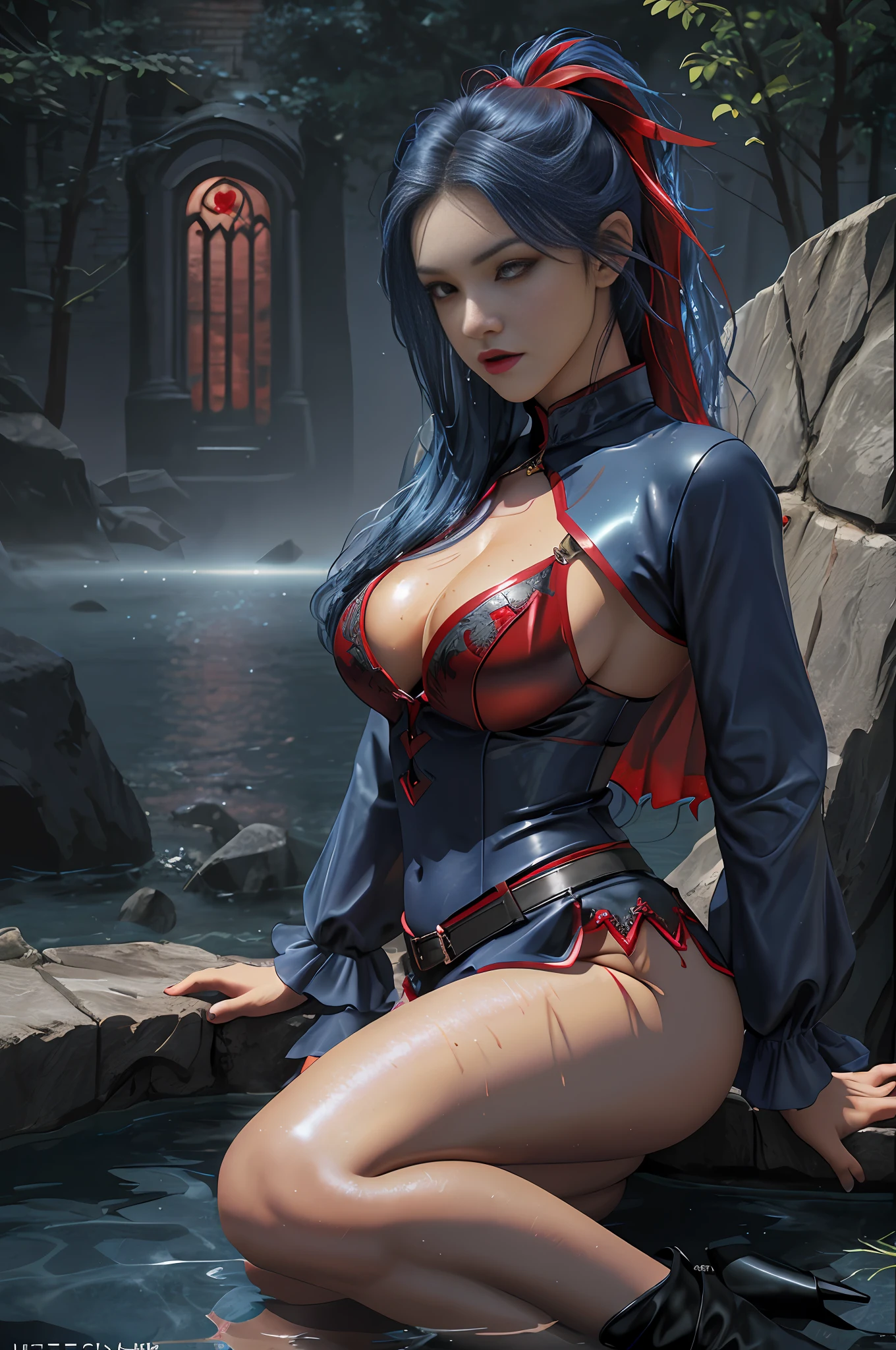best quality}, {{masterpiece}}, {highres}, Perfect waist cut, Large breasts, Warrior girl with a small short sword on hand, Skimpy organza transparent clothes, organza elements on clothes, net clothes, leather glossy elements on clothes, dark blue hair with red highlights, (perfect nose), Seductive gaze, dark blue knee high boots on high heels with red highlights, (Best Illustration), 8k Resolution, Intricate Details, Best Quality, Realistic, Ultra Detailed, Best Lighting, Best Shadows, Ultra HD, A Necromancer style, Night, Magic, Dark Style, Vampire, (shining red eyes:1.6), masterpiece, high_res, Beautiful face, tyndall effect, photo realistic, (high detailed skin:1.2), 8k uhd, dslr, high quality, Photograph, high resolution, 4k, 8k, Bokeh, absurdres, ponytail contorted, best ratio four finger and one thumb, front view, dark blue hair gorgeous, perfect proportional skinny fitness body, full body view, wet skin, wet clothes, dark cathedral baground scenery, huge bobs, belly muscle, long fit perfect legs, fishnet dark red Stockings, realistic reflection in the water