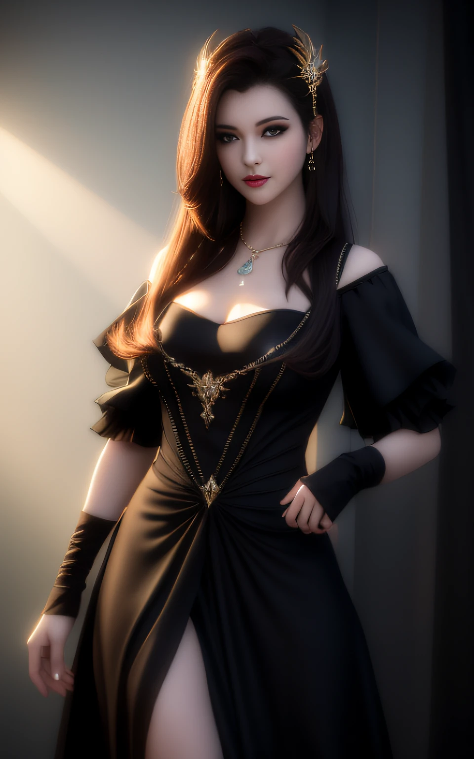 Vampire, Best Quality, Full Body, Masterpiece, High Resolution, 1girl, Open Chest Porcelain Dress, Brunette Hair, Hair Accessories, Necklace, Jewelry, Beautiful Face, Body, Tyndall Effect, Realistic, Dark Studio, Edge Lighting, Two-tone Lighting, (High Detail Skin: 1.2), 8K UHD, DSLR, Soft Light, High Quality, Volumetric Light, Voyeur, Photo, High Resolution, 4K, 8K, Bokeh