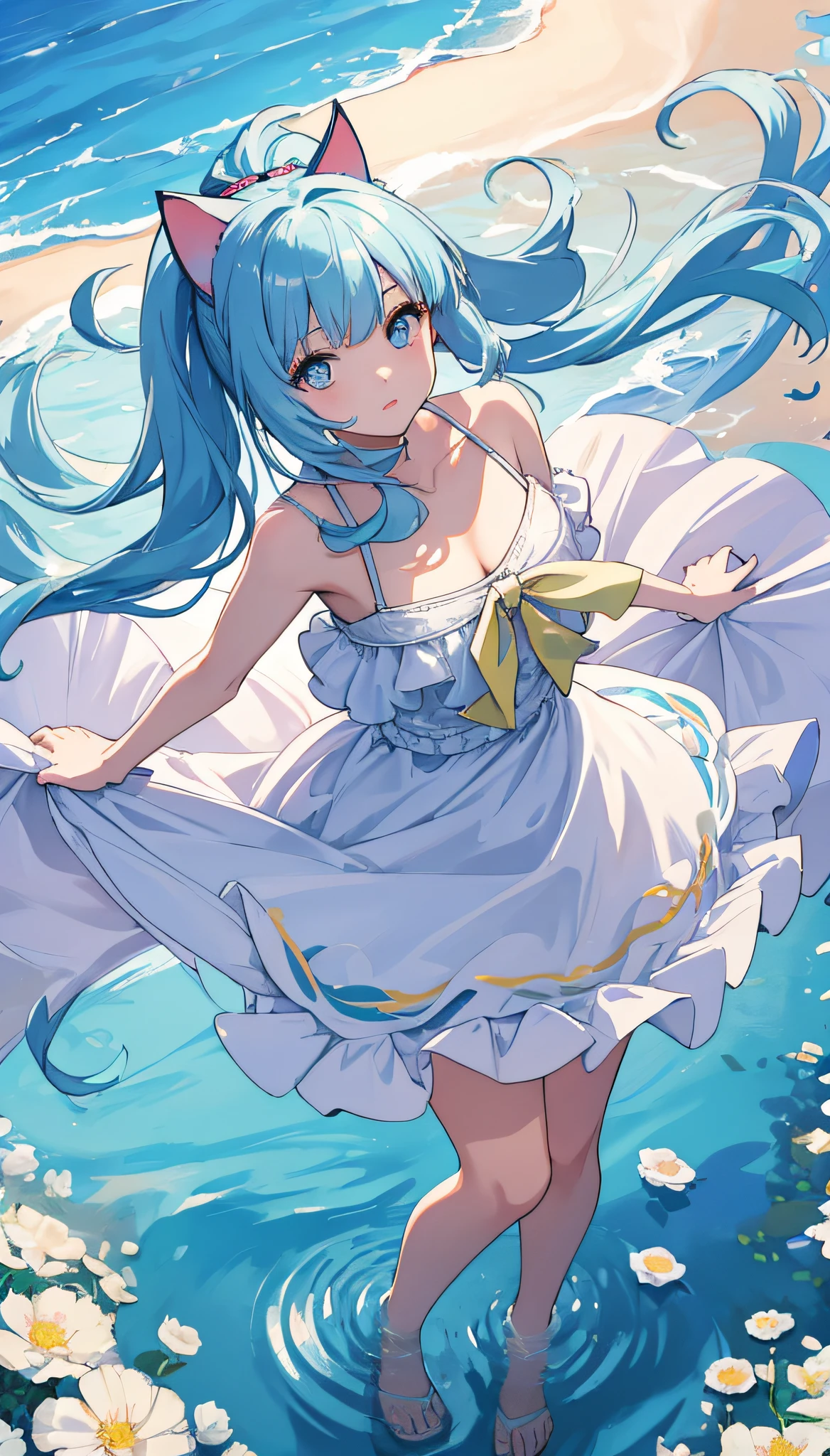 4k,8k,(masterpiece), (best quality), (super detailed), (disheveled hair), (illustration), (cat-eared girl), (fashionable clothes), standing, fashion model, looking at the viewer, (interview), (simple background), finely beautiful eyes, delicate beautiful face, floating, (high saturation), (colorful splash), colorful bubble, (brilliance), focus on face, ponytail, Ayaka Kamisato, light blue hair, bangs, hair ring, floating flowers, floating hair, (shining), best lighting, best shadow, swimsuit,