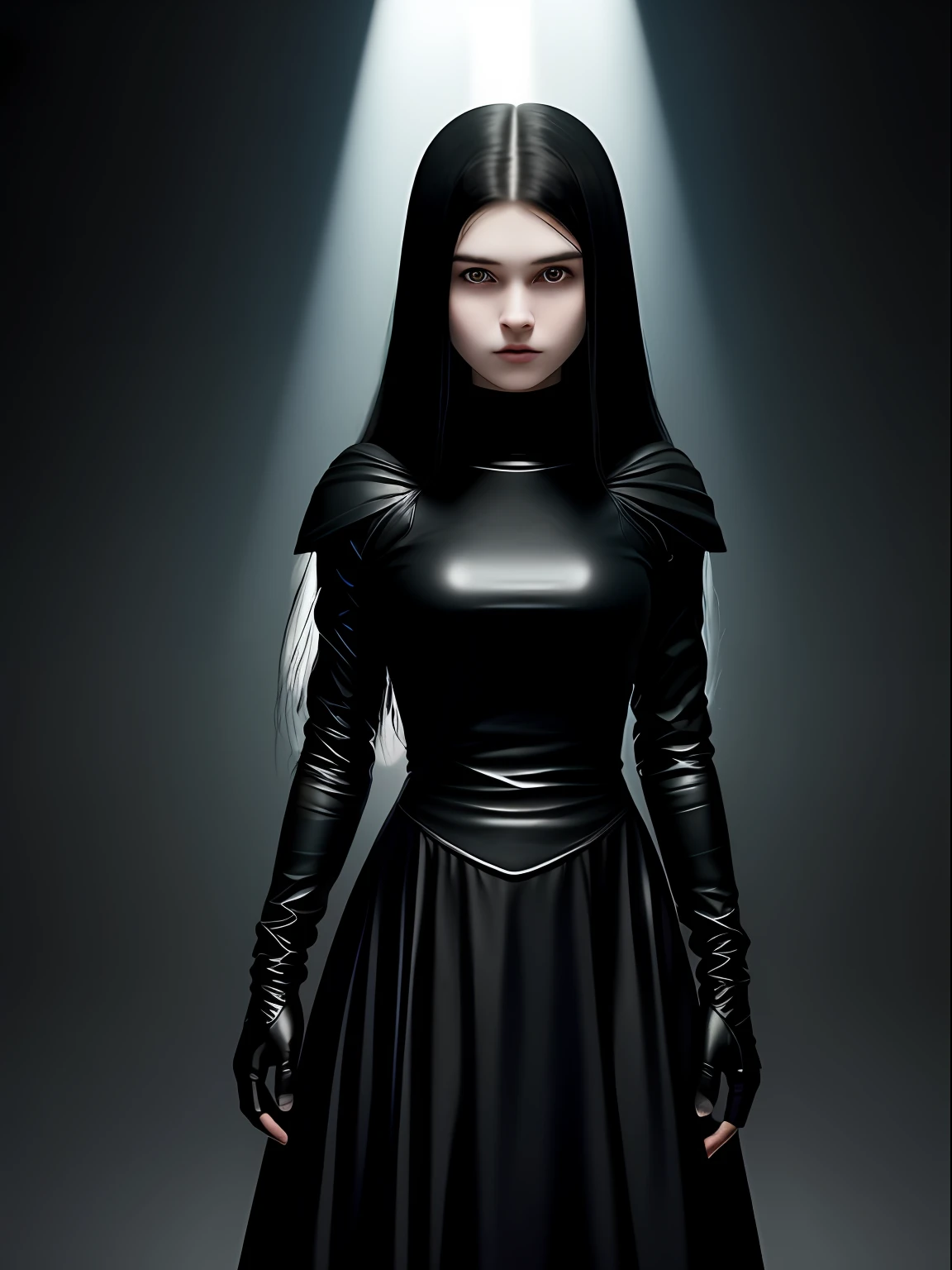 A pre teen old girl with pale skin and long, straight black hair. large and dark eyes  , with an intense and enigmatic expression. Wearing tight black clothes, with a more elegant and sophisticated touch, something that matches her mysterious and strong personality. Overall, her appearance would be striking, attracting curious and intrigued looks. flat chested, cinematic lighting, chromatic aberration, backlighting, masterpiece, high details, high quality, 4K.