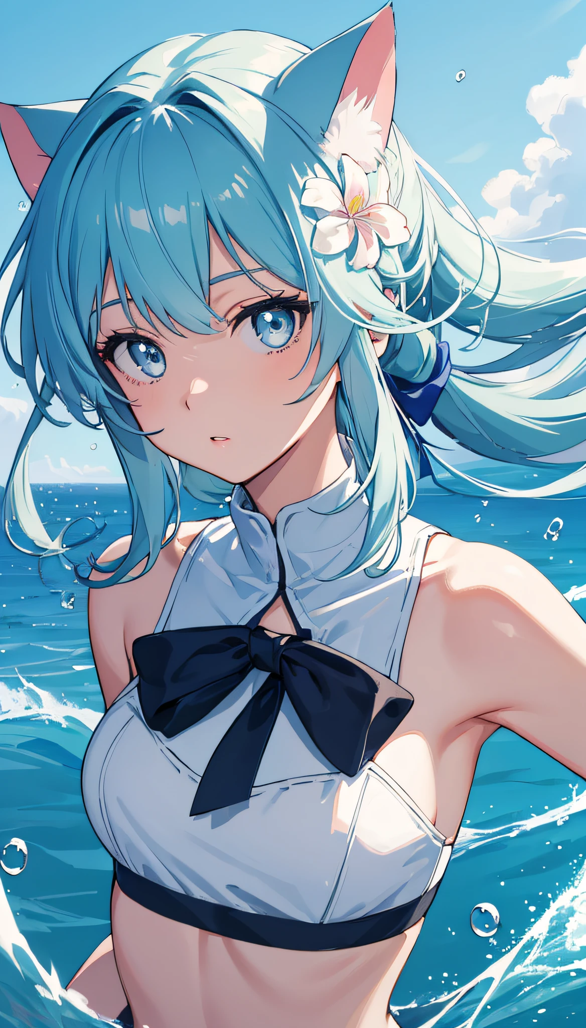 4k,8k,(masterpiece), (best quality), (super detailed), (disheveled hair), (illustration), (cat-eared girl), (fashionable clothes), standing, fashion model, looking at the viewer, (interview), (simple background), finely beautiful eyes, delicate beautiful face, floating, (high saturation), (colorful splash), colorful bubble, (brilliance), focus on face, ponytail, Ayaka Kamisato, light blue hair, bangs, hair ring, floating flowers, floating hair, (shining), best lighting, best shadow, swimsuit,