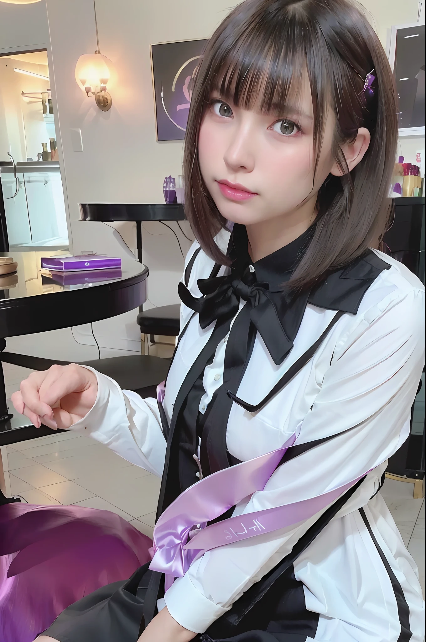 1girl,beautiful vintage color, instagram (photorealistic, high resolution:1.4), ((puffy eyes)), looking at viewer, , full body (8k, RAW photo, best quality, masterpiece:1.2), (realistic, photo-realistic:1.37),(sharp focus:1.2), professional lighting, photon mapping, radiosity, physically-based rendering, (pale skin:1.2),(small breasts:1.2), looking at viewer, (middle hair:1.5), portrait, purple eyes, (sliver hair:1.1),bangs, (simple background:1.4), solo, upper body, realistic,(masterpiece:1.4),(best quality:1.4),(shiny skin),fashi-girl,makeup,smile(skinny,closed mouth,shy :1.3) ,(standing,black Stewardess uniform,Necromancer:1.1),medium bust,sexy pose ,