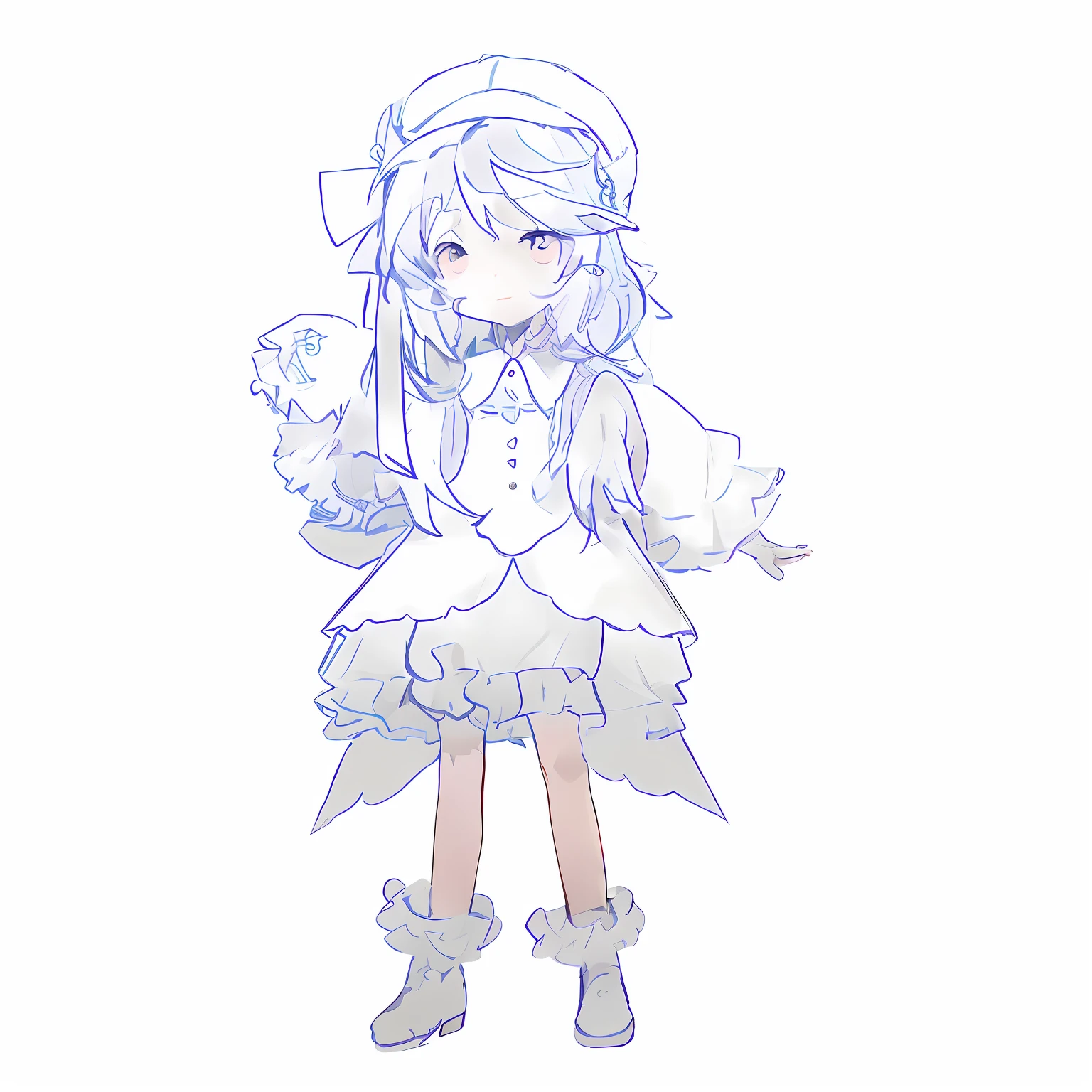 Anime girl in white dress with microphone and hat, little curved loli, loli in dress, pale young ghost girl, clean anime silhouette, clear costume design, little loli girl, loli, full body commission, anime moe art style, anime stylization, anime full body illustration, flat anime style shadow, magical girl style, purple hair, white hat