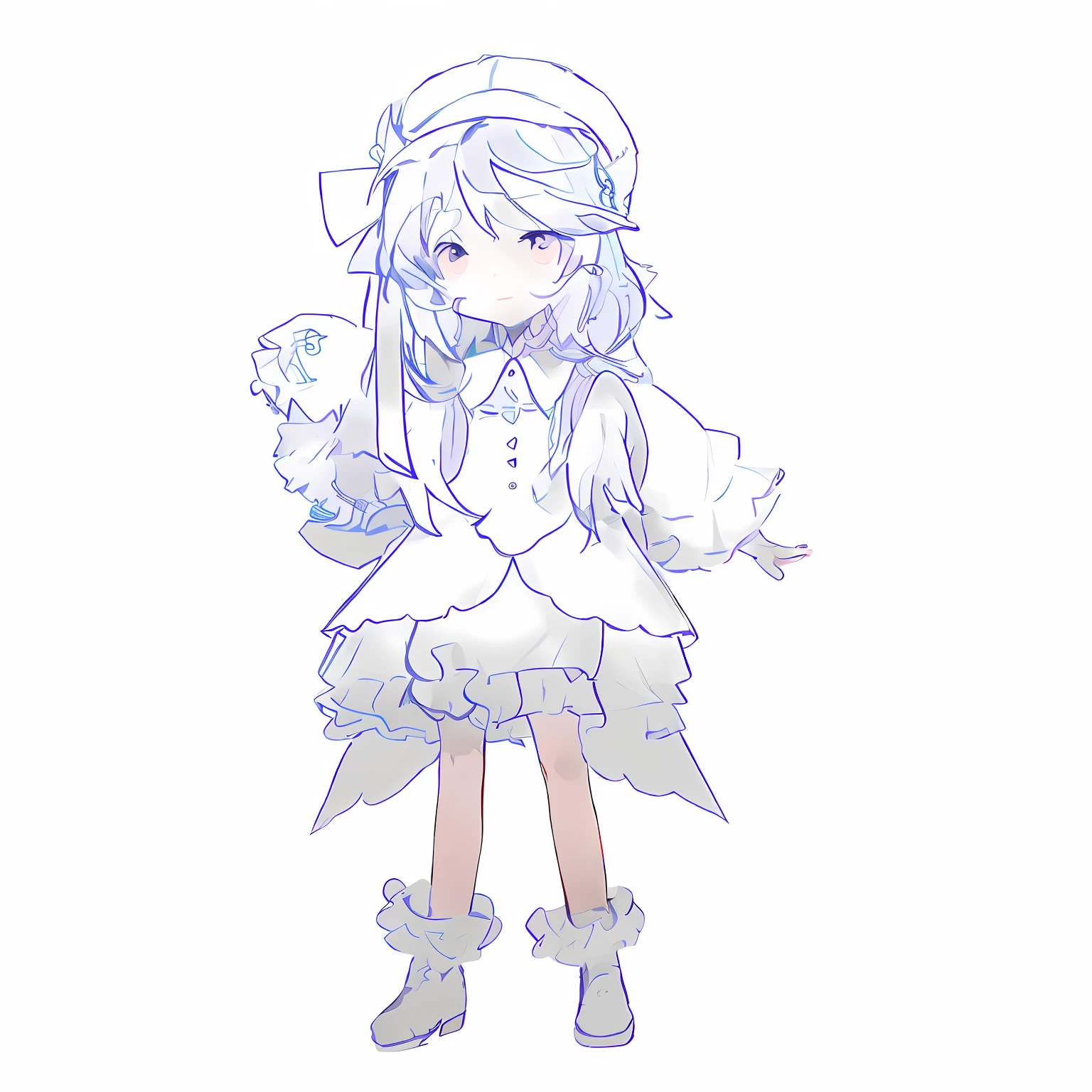Anime girl in white dress with microphone and hat, little curved , lolidress, pale young ghost girl, clean anime silhouette, clear costume design, little loli giroli, full bcommission, anime moe art style, anime stylization, anime full body illustration, flat anime style shadow, magical girl style, purple hair, white hat
