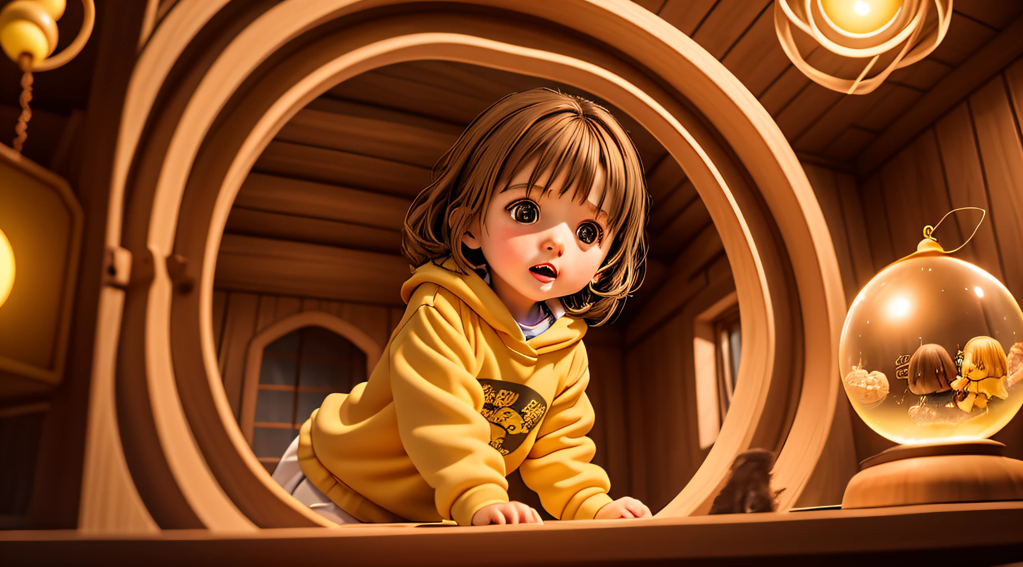7 year old girl who has brown hair wearing a yellow sweatshirt, looking amazed, scared, at a glowing magic ball, in a wooden house setting