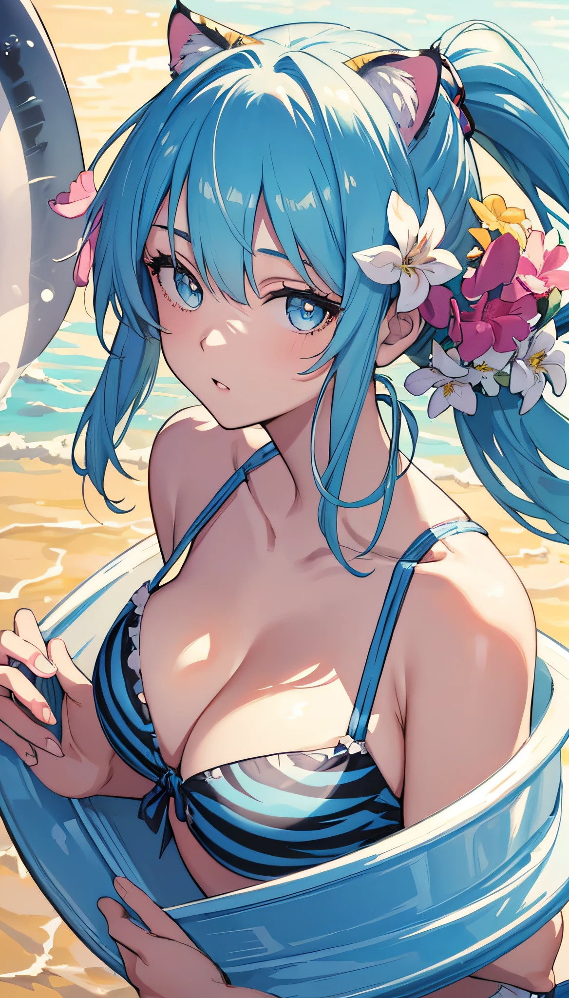 4k,8k,(masterpiece), (best quality), (super detailed), (disheveled hair), (illustration), (cat-eared girl), standing, fashion model, looking at the viewer, (interview), (simple background), finely beautiful eyes, delicate beautiful face, floating, (high saturation), (colorful splash), colorful bubble, (shine), focus on face, ponytail, ayaka kamisato, light blue hair , Bangs, Hair Ring, Floating Flowers, Floating Hair, (Shining), Best Lighting, Best Shadow, Swimsuit, Bikini, Tiger Print Bikini