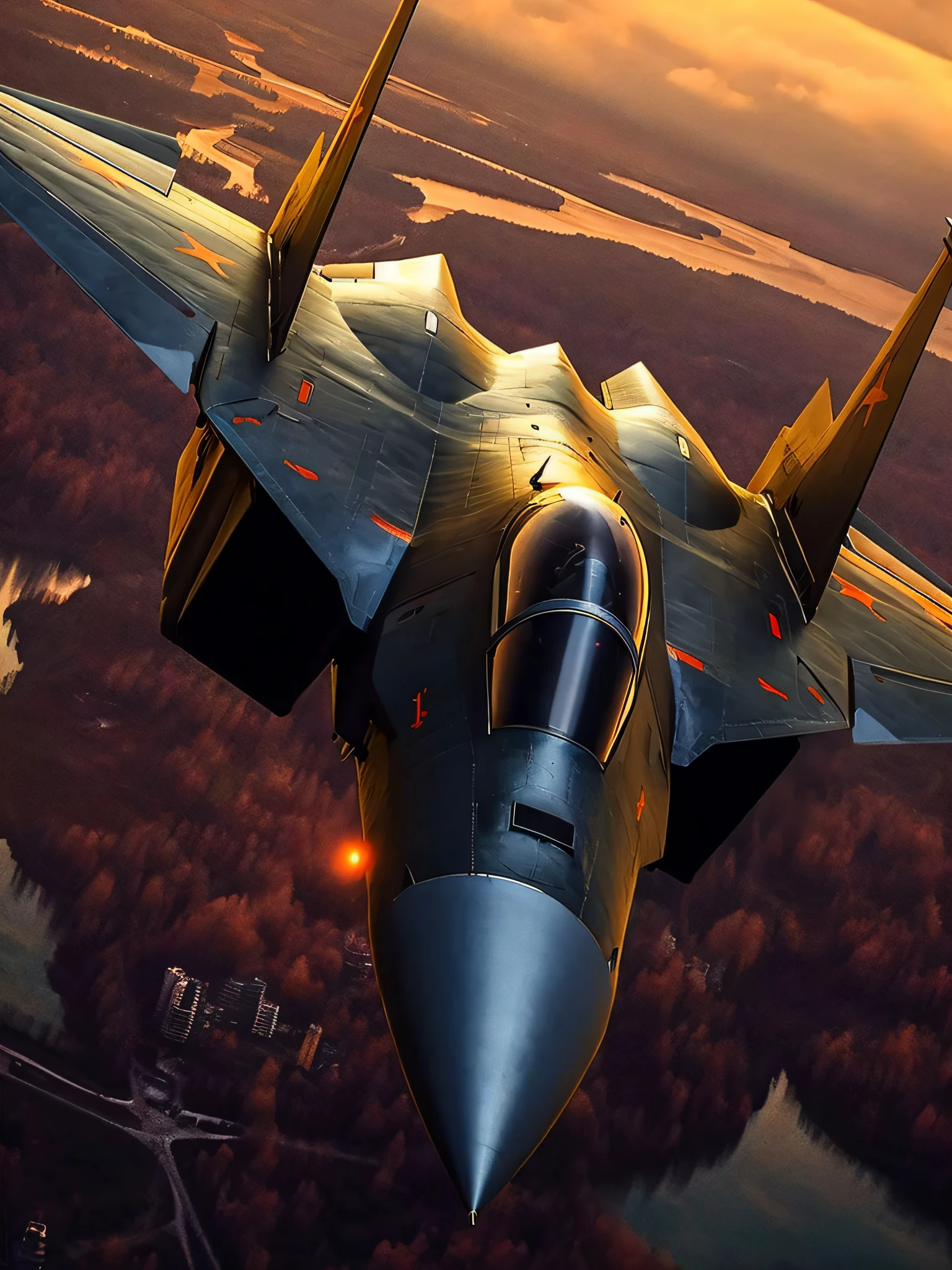 arafed fighter jet flying over a city with a sunset in the background, jet fighter background, fighter jet, jet fighter, 5th gen fighter, acecombat, valkyrie fighter jet, 4 k hd wallpaper c 1 7, fighter jet in flight, ace combat, fighter jets, hight focus f - 2 2, by Alexander Kucharsky