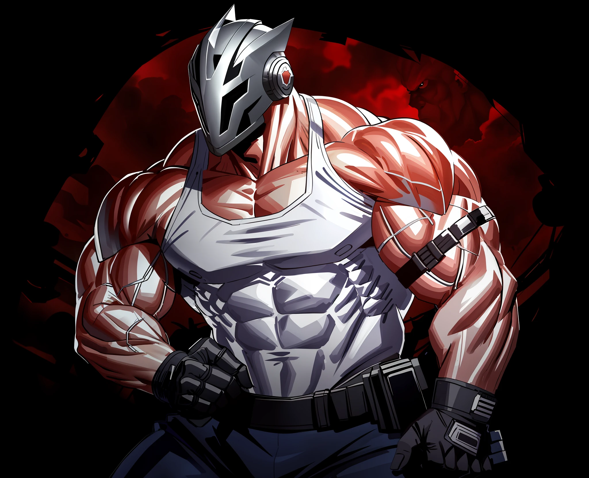 a close up of a man in a white tank top and a mask, muscular character, muscular characters, muscular and terrifying, massive muscles, muscular!! sci-fi, in a menacing pose, big muscle, muscular! cyberpunk, epic portrait of menacing, extreme muscles, big muscles, menacing pose, masked, futuristic mask, futurisic helmet, helmet covering all of face