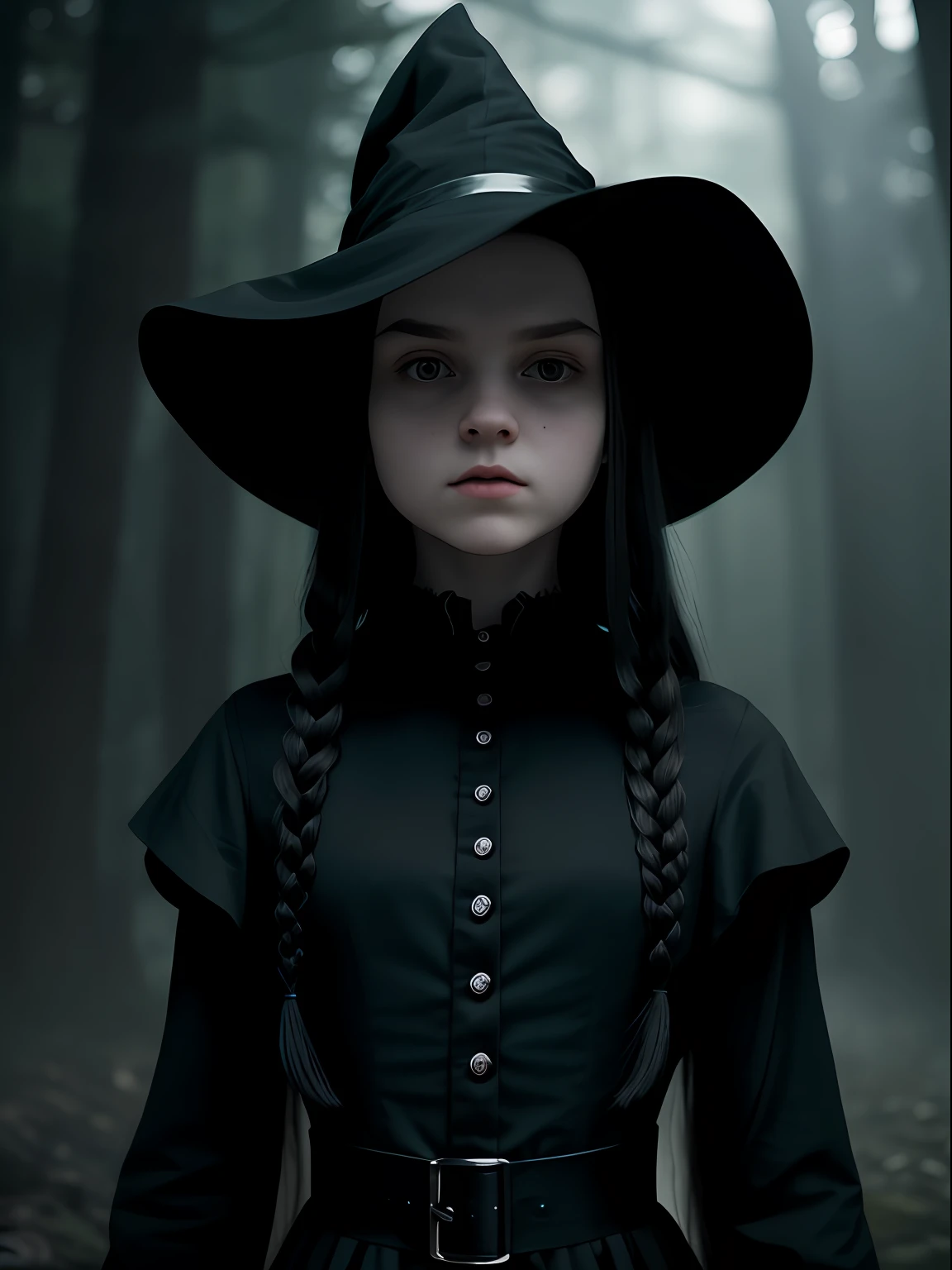 A girl with pale skin and long, straight black hair. large and dark eyes , with an intense and enigmatic expression. wearing a witch dress like wednesday addams dress but black, with a more elegant and sophisticated touch, something that matches her mysterious and strong personality. Overall, her appearance would be striking, attracting curious and intrigued looks. flat chested, cinematic lighting, chromatic aberration, backlighting, masterpiece, high details, high quality, 4K.