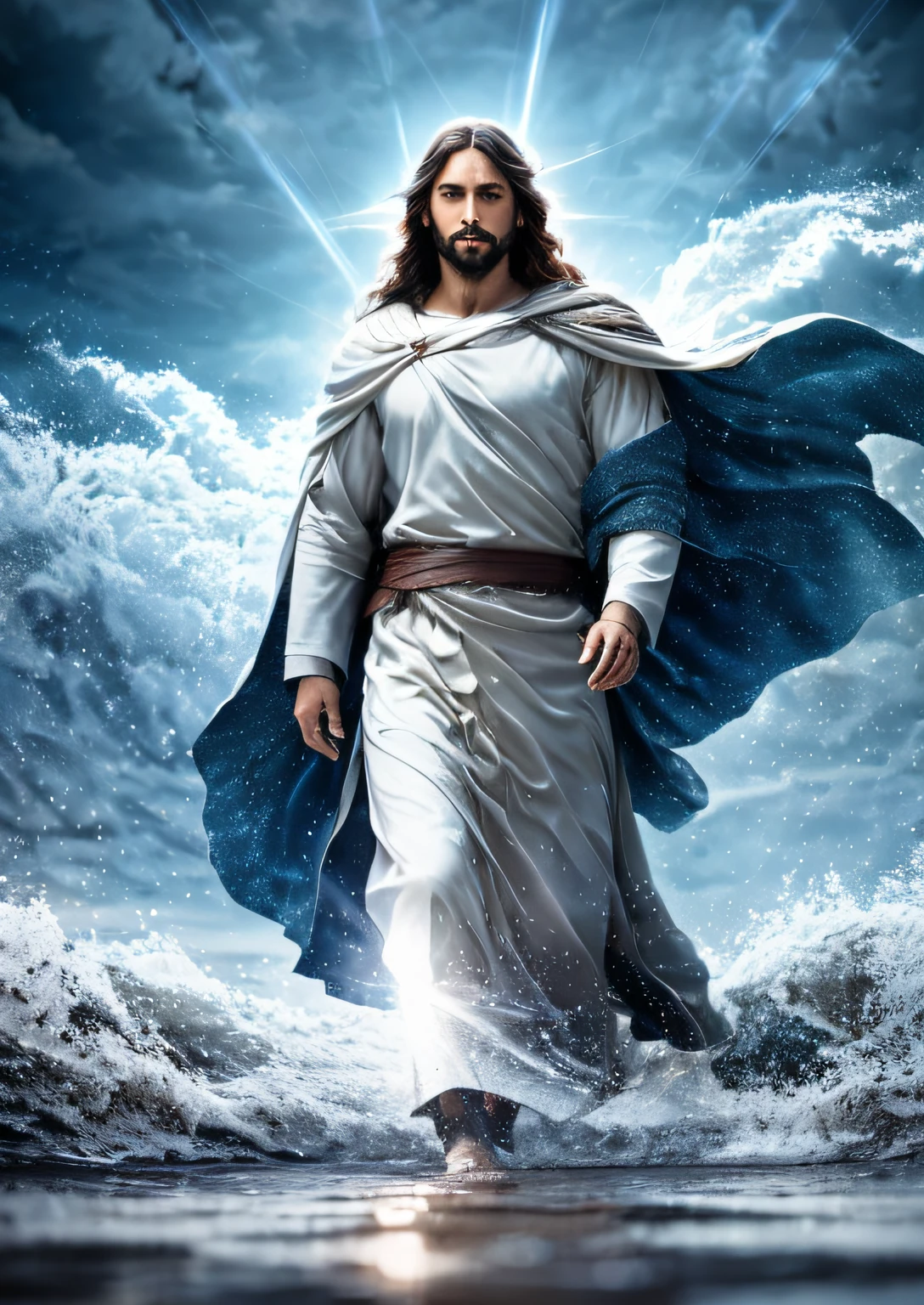 Jesus walking on water in a storm, soft expression, streaks of light coming down from the sky, masterpiece, high quality, ultra realistic, highly detailed CG 8k wallpaper unit, award-winning photos, bokeh, depth of field, HDR, bloom, chromatic aberration, realistic, very detailed, trend in artstation, trend in CGsociety, complex, high detail, dramatic, art in the middle of the journey,  Volumetric lighting