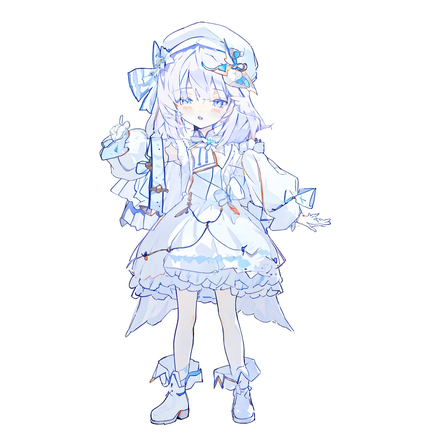 Anime girl in white dress and hat with blue bow, little curvy loli, moon theme costume, live2d virtual youtuber model, little loli girl, rem rezero, loli, magical girl style, clear costume design, from ark night, double tail white_gloves, video game from azure lane, azure lane style, purple hair, five fingers! , two hands