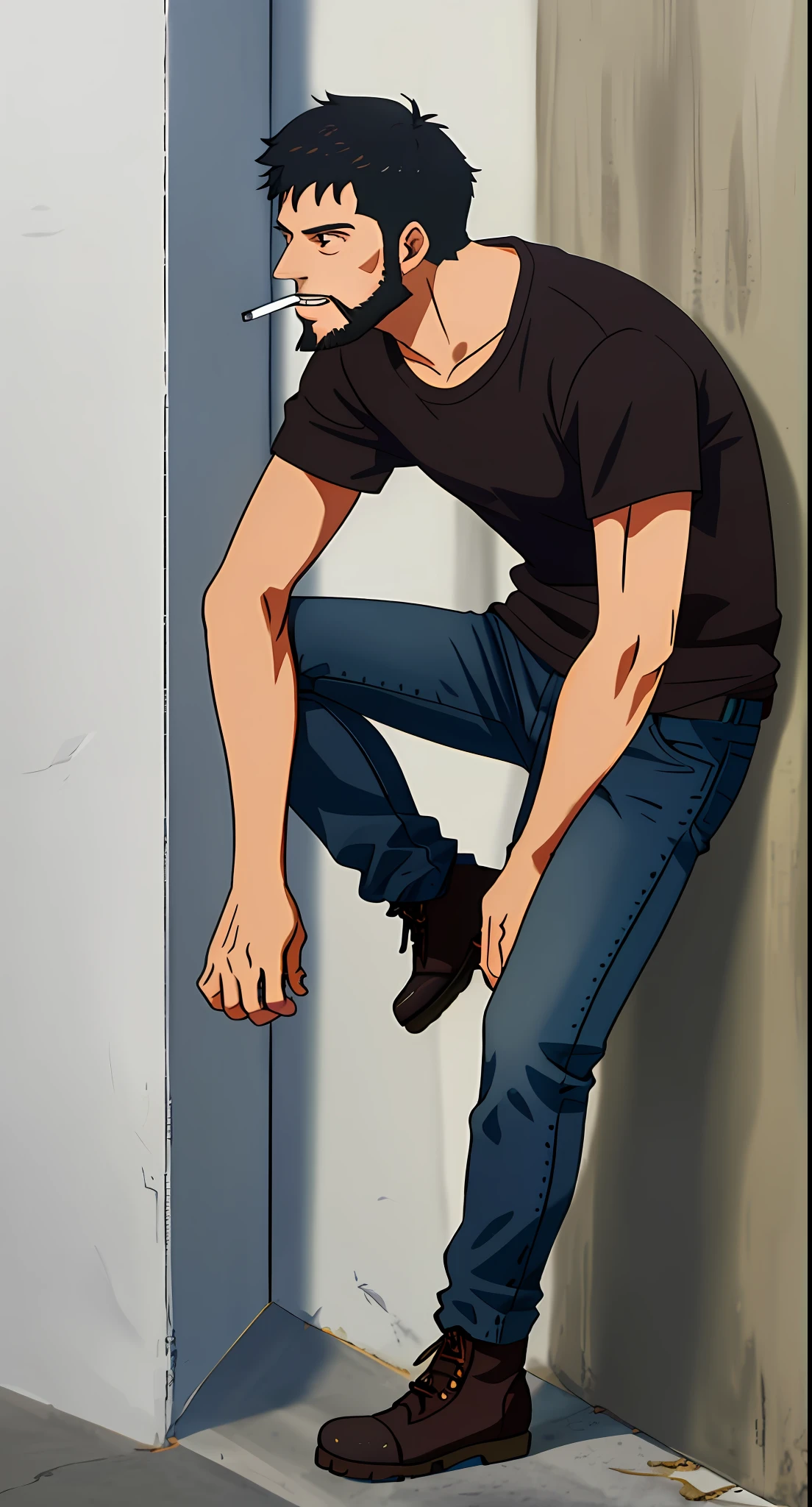 1man, solo, scruffy beard, slight tan, black hair, brown eyes, scarred, blue shirt, black pants, cigarette, smoking, masterpiece, best quality, leaning back, leaning against wall, perfect anatomy, well-built, combat boots