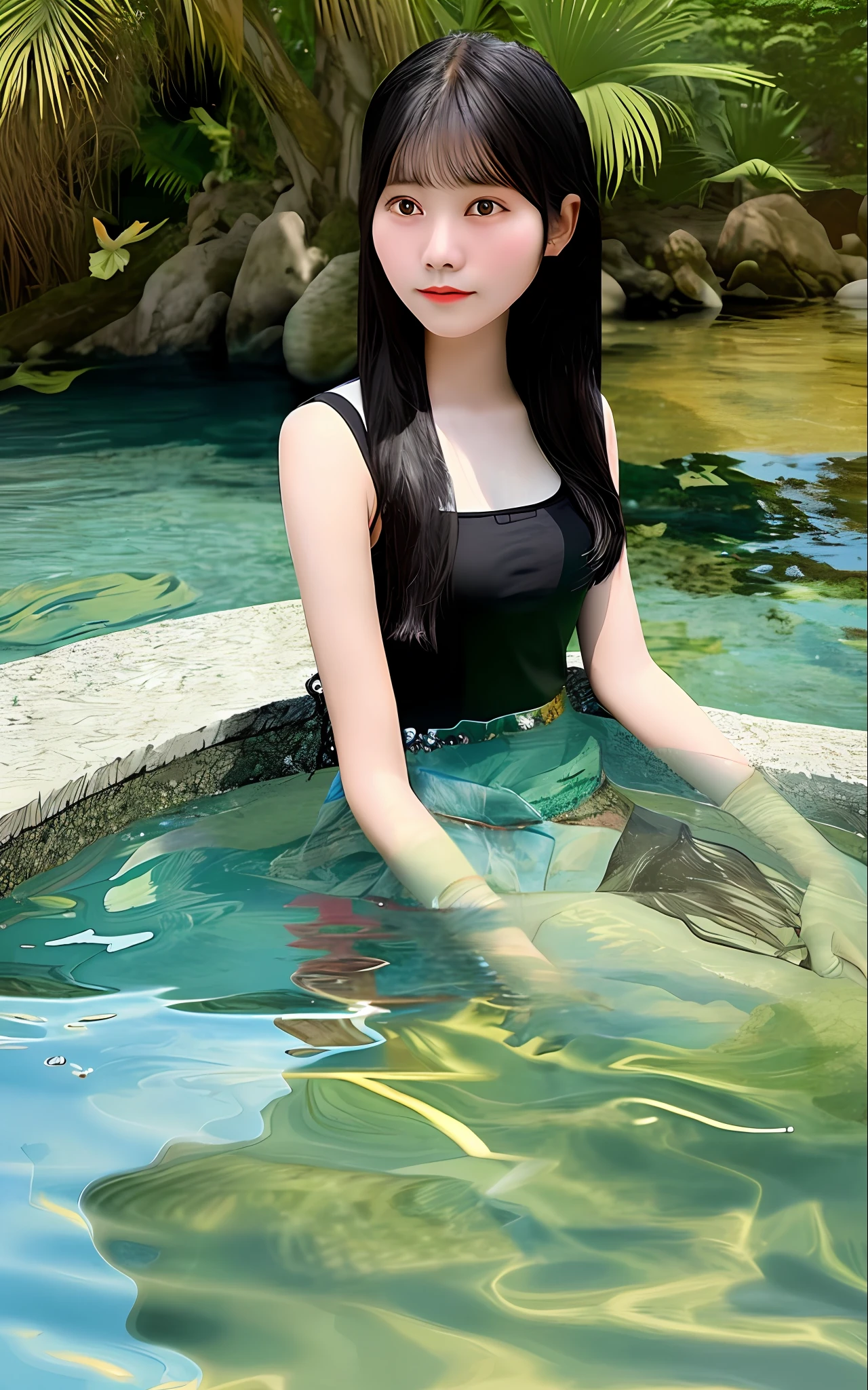 black hair, Myanmar girl, sitting in the water, Surrealism, 8k, super detail, photorealistic