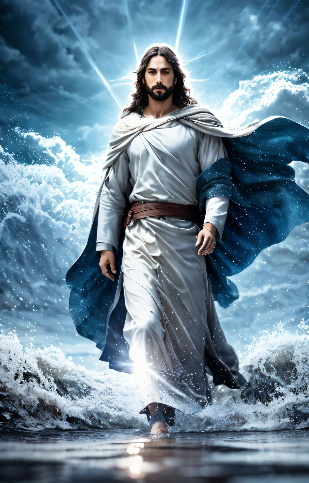 Jesus walking on water in a storm, soft expression, streaks of light coming down from the sky, masterpiece, high quality, ultra realistic, highly detailed CG 8k wallpaper unit, award-winning photos, bokeh, depth of field, HDR, bloom, chromatic aberration, realistic, very detailed, trend in artstation, trend in CGsociety, complex, high detail, dramatic, art in the middle of the journey,  Volumetric lighting