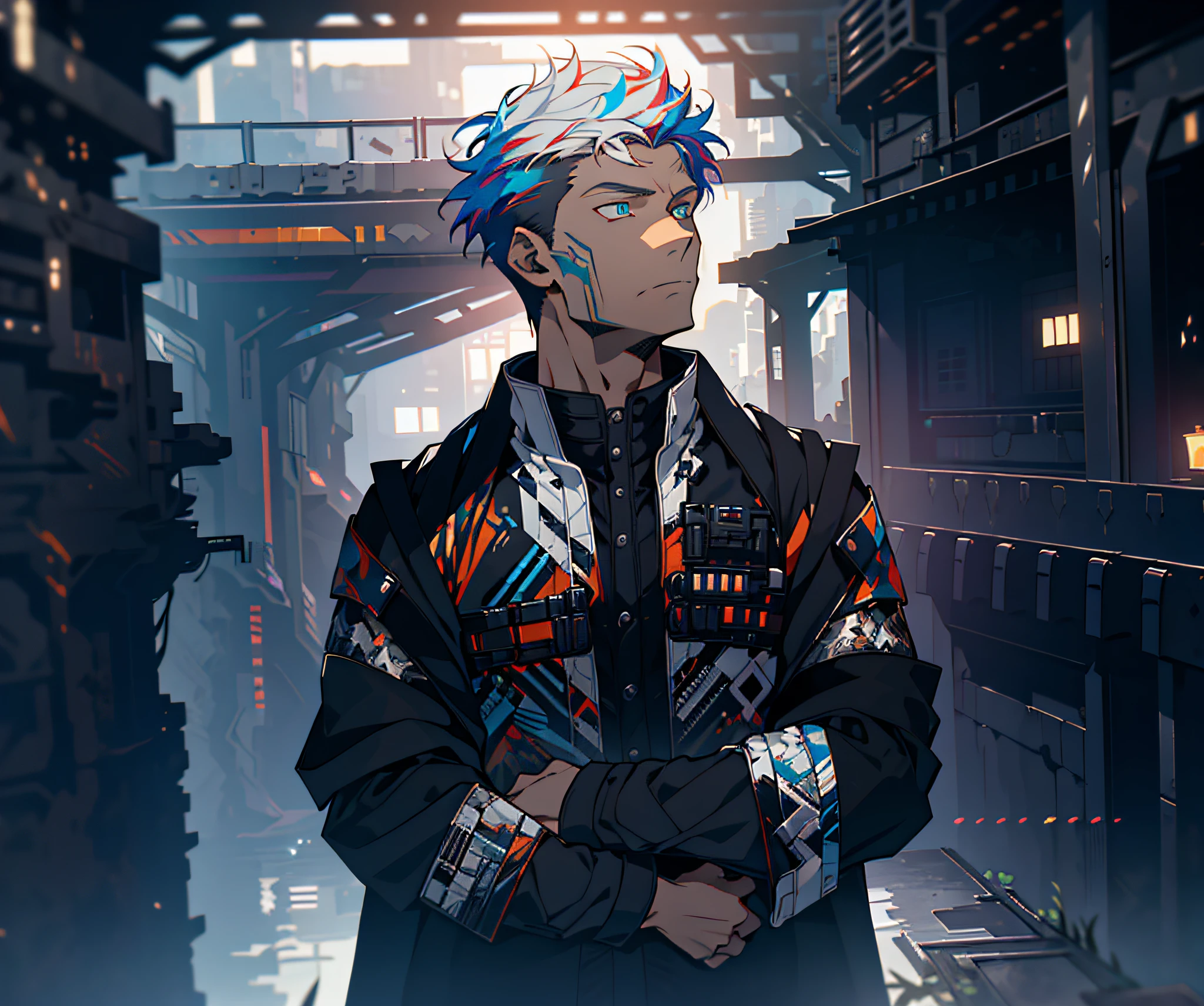 Cyberpunk male, fantasy world, dark background, clean design, epic instagram, artstation, colorful paint splatter, silhouette, hyper detailed intricate details, unreal engine, fantasy, intricate details, splash screen, complementary colors, Fantasy concept art, 8k resolution, deviantart masterpiece, oil painting, heavy strokes, paint dripping, (isolated on white background: 1.3), rainbow skin, (((handsome young man))), ((teenage:1.5) ), (glowing blue eyes), ((light eyes)), ((((short white hair: 1.1))), ((black clothes)), (prince\\(indifferent expression\\),, ( ((Wears high detail luxurious black robe))), white hair, frost magic, ((chest) --v 6