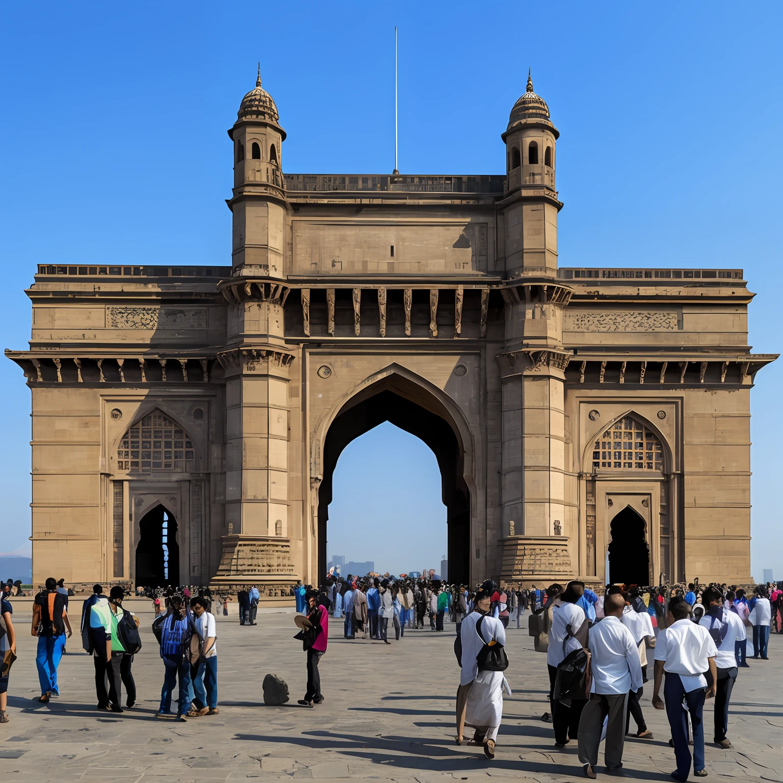 araffes are standing in front of a large stone arch, tourist destination, mumbai in the future, giant majestic archways, the photo shows a large, india, travel, massive arch, ( visually stunning, in a city with a rich history, tourist photo, streets of mumbai, shutterstock, 3 4 5 3 1, by Bernardino Mei, huge gate, top anime style