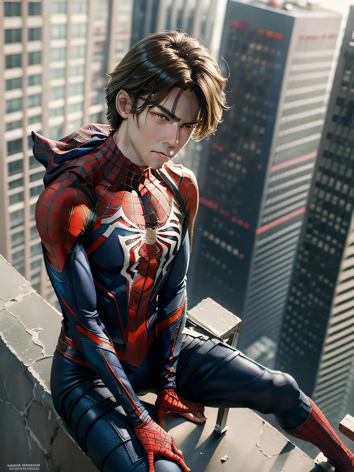(detailed description) (best quality) Spider-Man dressed in advanced Bernetic Cy uniform on top of a building, movie scene