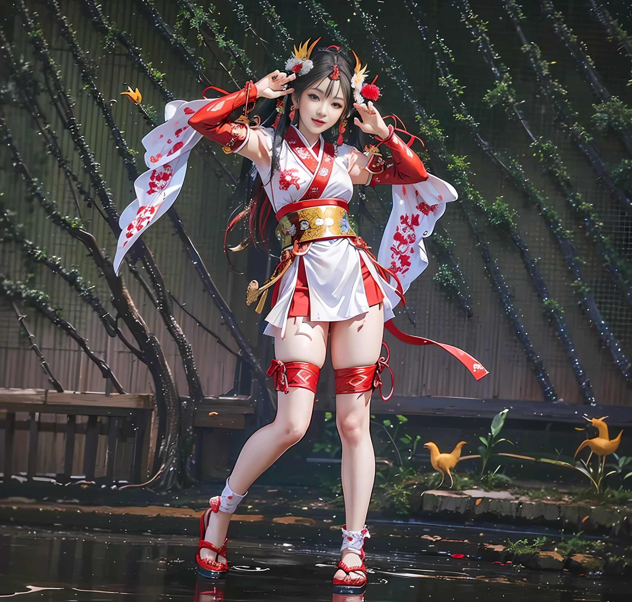 (((High Quality))), Beautiful Japanese Style Illustration, (1 Female), Red and White Dress, Onmyoji Theme, Playful Smile, Samurai Costume + Thai Costume + Fox Shin (1.2), Xian Xia Style, Japanese Goddess Li Mei Shu Inspiration, Blue Street, Vibrant, Chinese Traditional Costume Interspersed, Garden Birds Singing and Flowers, Green Trees, Magic Casting, Chinese Architecture Background.