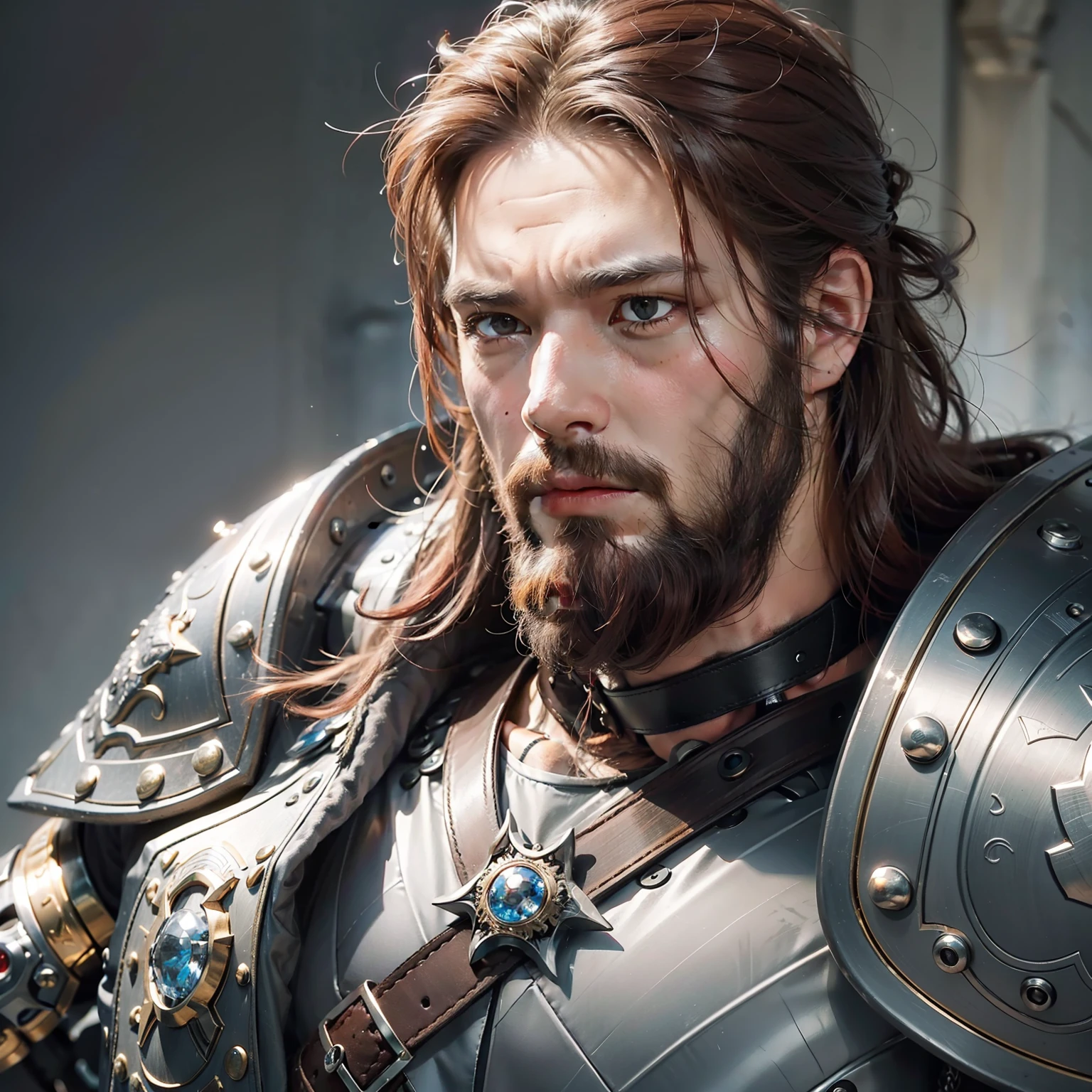 Physiognomy: Baden is 1 Man, warrior of robust and imposing appearance. He has a tall stature and a well-developed musculature, Viking style, high detail, dramatic. His red hair is short and well groomed, and his beard is full and neatly trimmed. Rough face. Scar on chin. His eyes are green, with a serious, piercing gaze. 
Clothing: Baden wears heavy armor, made of sturdy metal plates, which cover his entire body. His armor is decorated with embossed details, representing symbols of bravery and strength.
 Weapons: Baden wields a broad, sturdy sword with a sharp, sturdy blade. He also carries a massive shield, with an engraved insignia of his family.
 Accessories: Baden wears a leather band around his forehead, keeping his hair away from his face during combat. He also wears metal bracelets on his wrists as symbols of his position as a warrior. 
Facial expression: Baden has a determined and serious expression, with furrowed brows and a firm jaw. His eyes reflect a mixture of strength and melancholy.