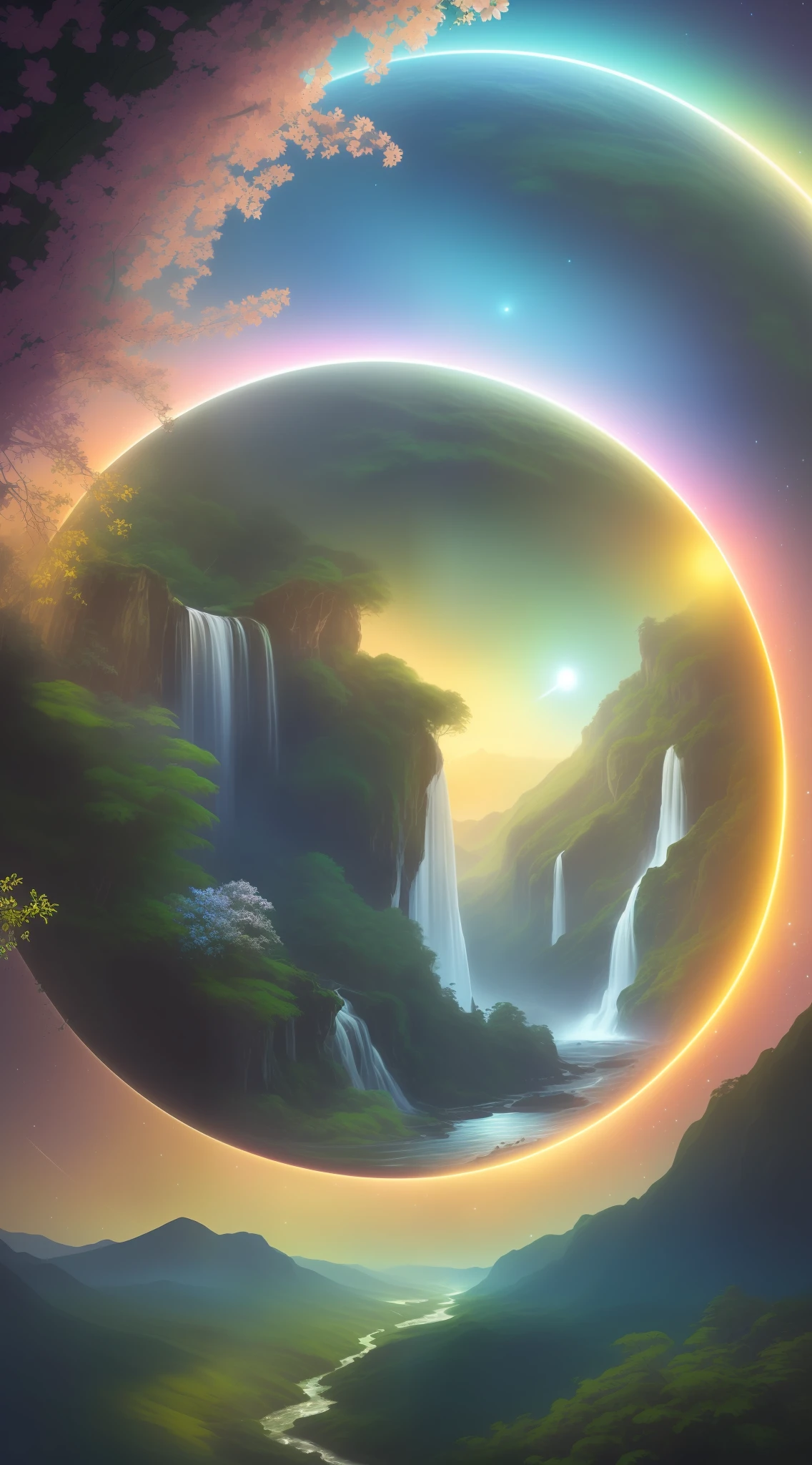 Hyper realistic 8k, ultra detailed, (Best Quality digital illustration Masterpiece of planet Earth in outer space), ((No Man)) (Beautiful planet Earth Illustration), (vivid Green nature and vegetation), (flowering plants), ((waterfall)), (Bright Stars), (Hyperdetail, Dynamic Camera), (Wide Angle), (Celestial Lighting), (Vivid Colors and Saturation), (trending on artstation,
