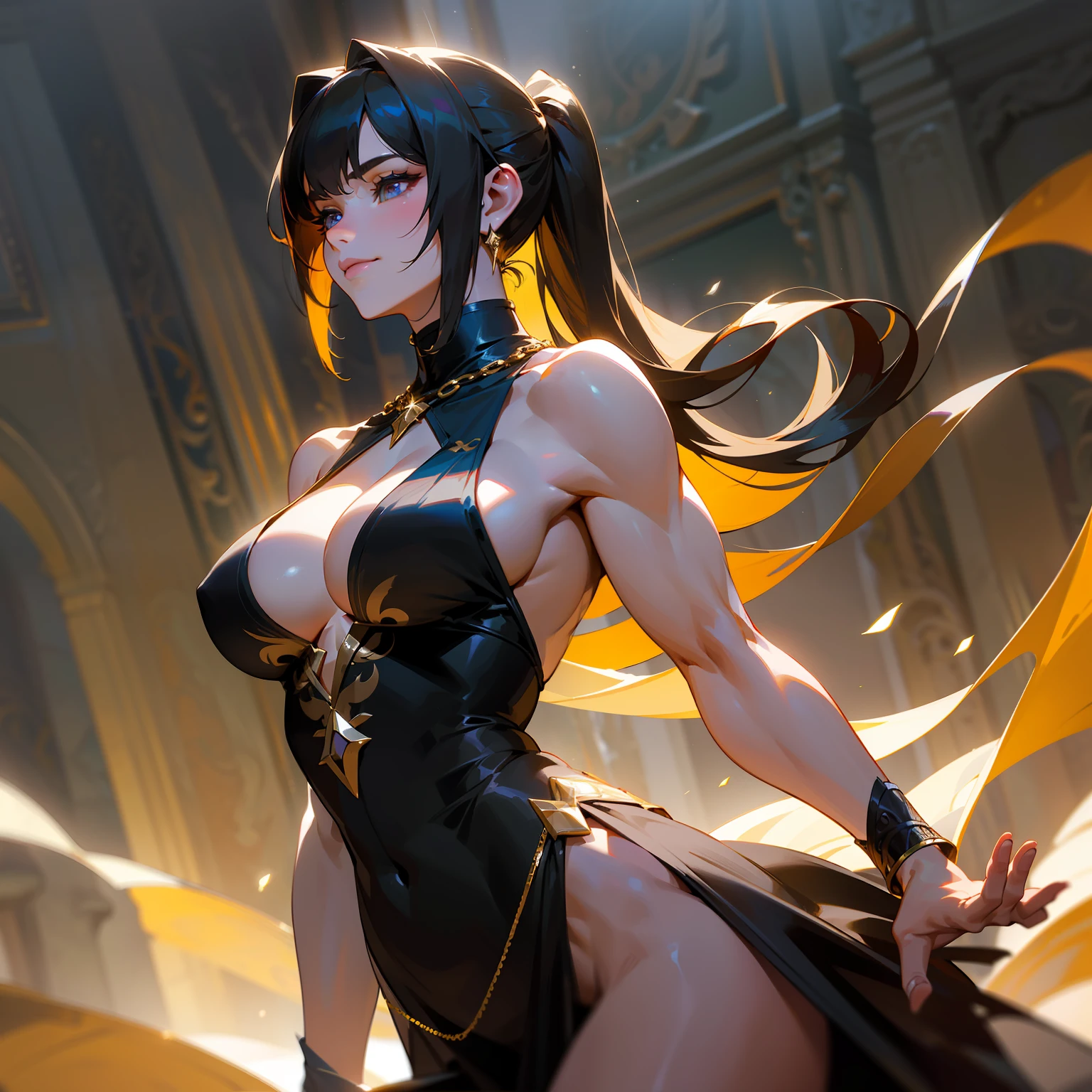 16K, best quality, masterpiece, ultimate resolution, award winning, ultra realistic, realistic skin, textured, early morning lighting, cinematic lighting, ethereal, volumetric lighting, perfection, perfect anatomy, inspired by eastern dragon theme, extremely detailed theme, mythological fantasy, extremely beautiful fantasy queen, mature, detailed facial construction, perfect face, model, medium boobs, cleavage, ripped body, perfect abs, wearing a black intricate revealing dress with translucent ribbons, brown long pony tail, luxurious expensive jewelry, golden chains, highly detailed face, beautiful eyes, beautiful smile, cowboy shot, tyndall effect, extreme detail, ultra realistic, beautifully decorated surroundings, bokeh,, no deformities,