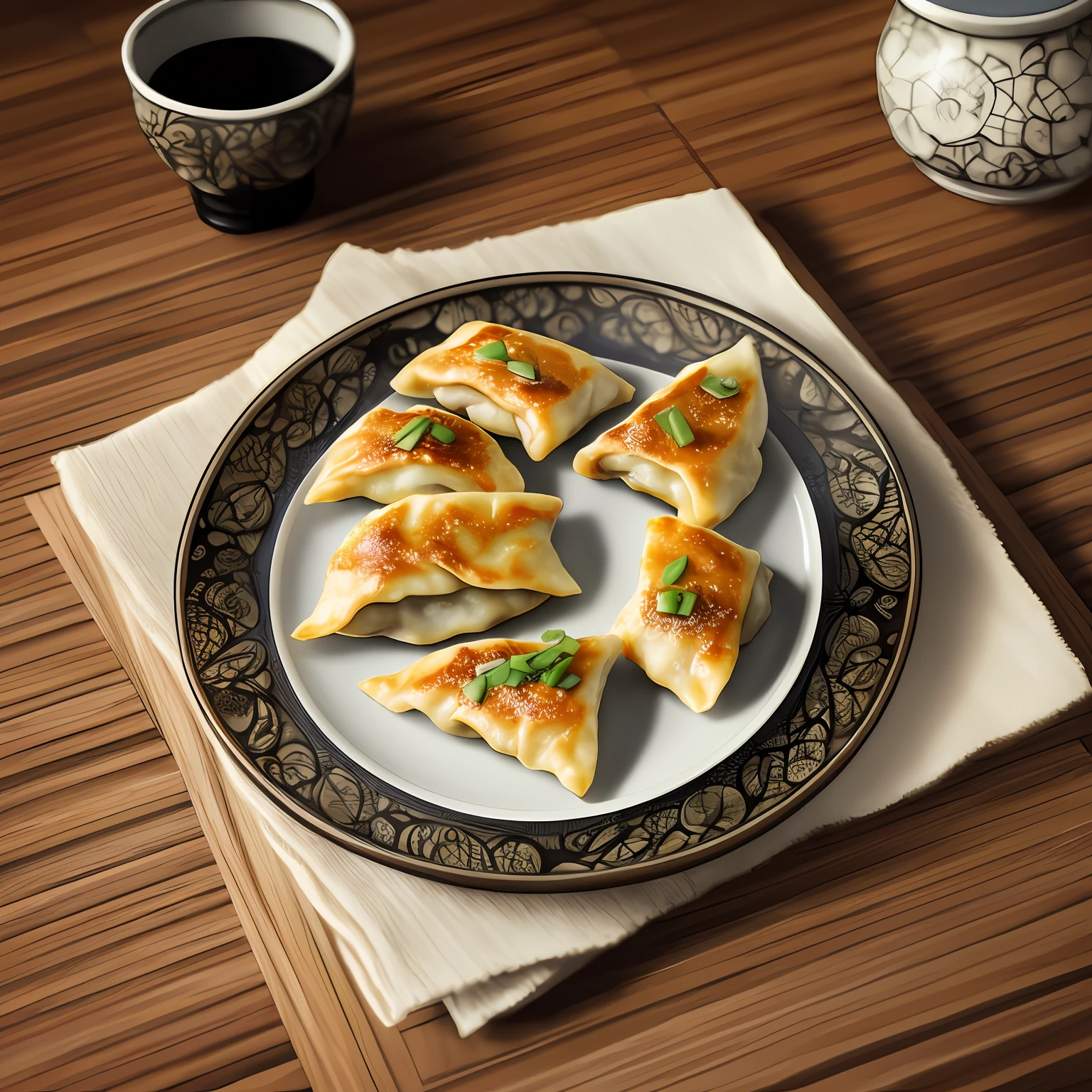 square plate, gyoza food, gyoza in natural form, frye gyoza (realistic lighting:1.2), (dynamic colors from lighting:1.2), (intricate details:1.3), hyperdetailed, ultrarealistic, (sharp focus:1.2), (SFW:1.2) --auto --s2