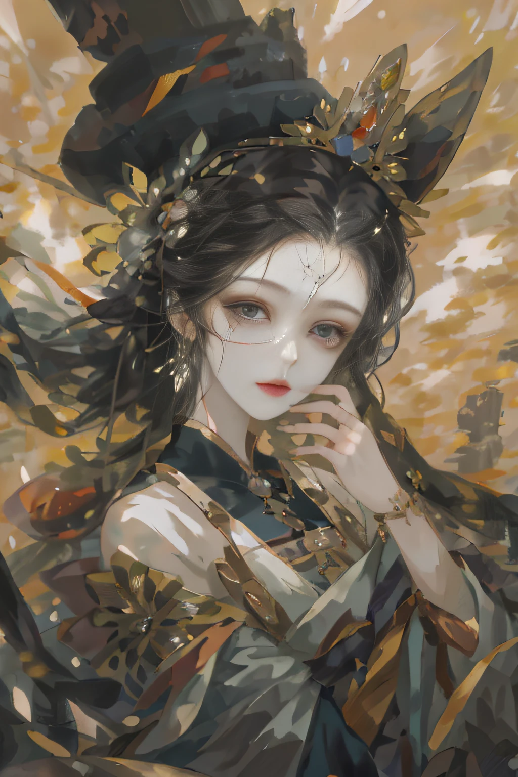 painting of a woman with a hat and a feathered headdress, artwork in the style of guweiz, guweiz, palace , a girl in hanfu, guweiz masterpiece, beautiful anime portrait, guweiz on pixiv artstation, beautiful character painting, guweiz on artstation pixiv, by Yang J, a beautiful fantasy empress