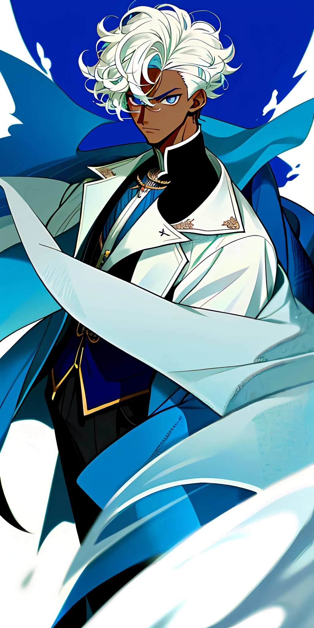 1boy, dark skin, short white curly hair, shaved side, coat, blue eye
