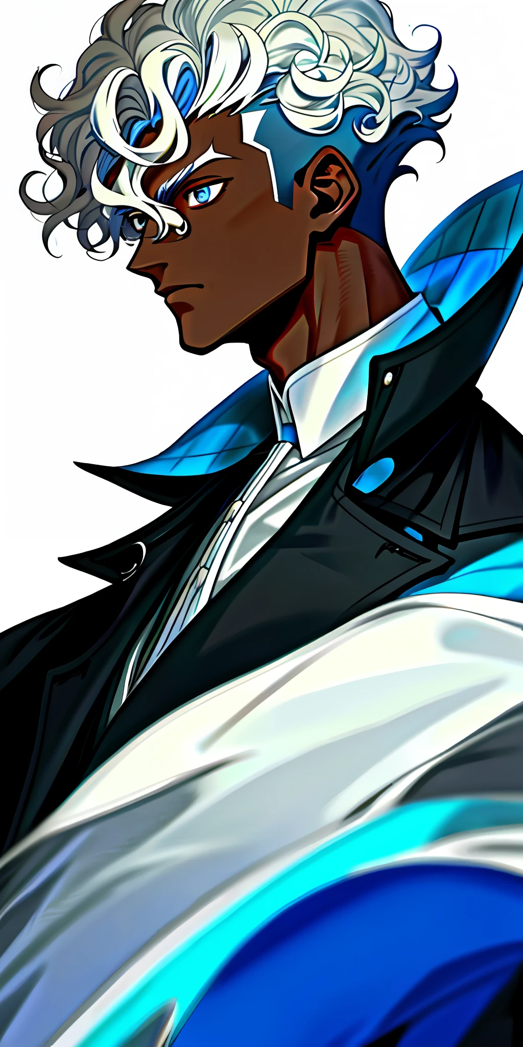1boy, dark skin, short white curly hair, shaved side, coat, blue eye