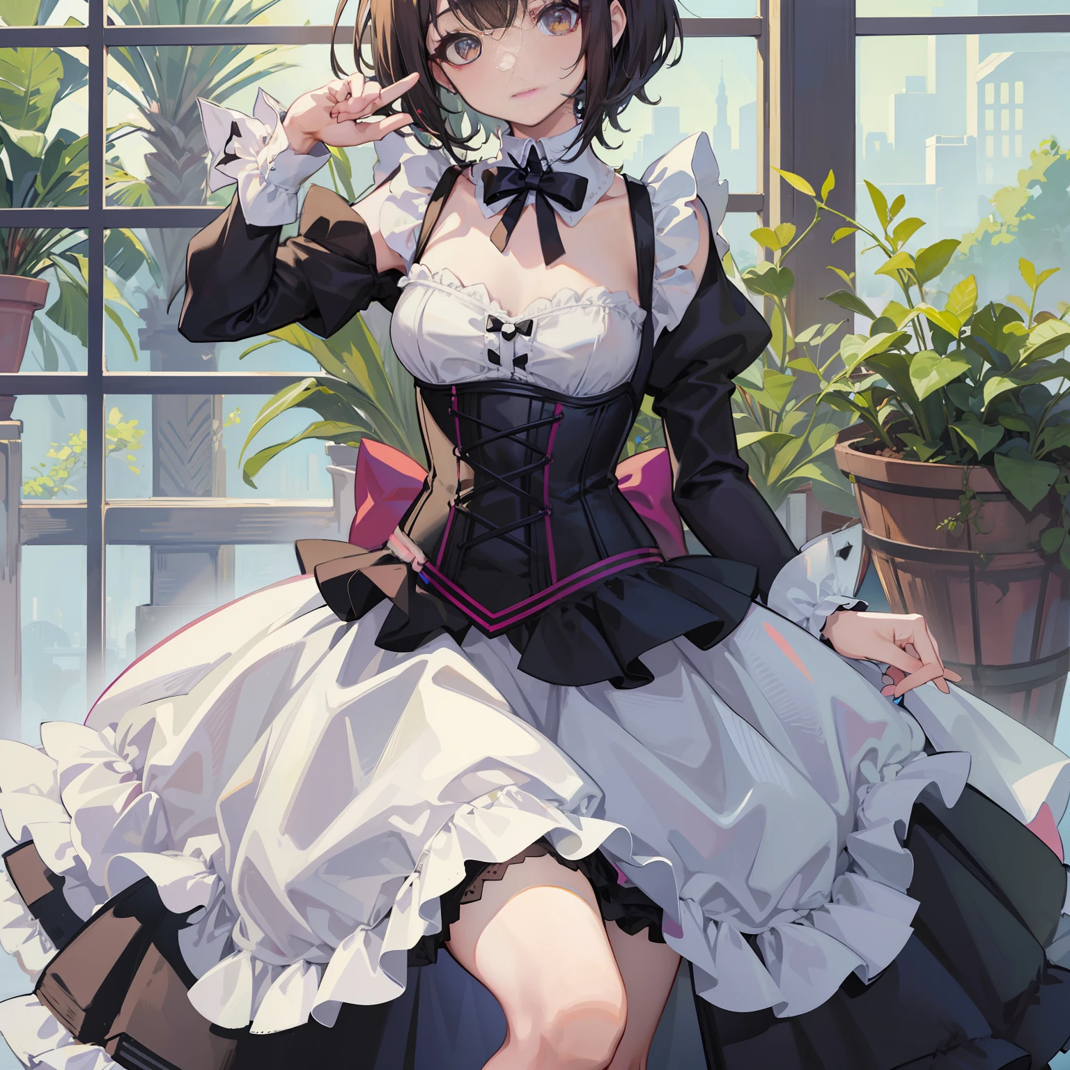 there is a woman in a corset and a skirt posing for a picture, maid outfit, cosplay of a catboy! maid! dress, gorgeous maid, small curvy loli, anime girl in a maid costume, ornate cosplay, cosplay, anime cat girl in a maid costume, dressed in a frilly ((ragged)), cosplay photo, maid, frilly outfit