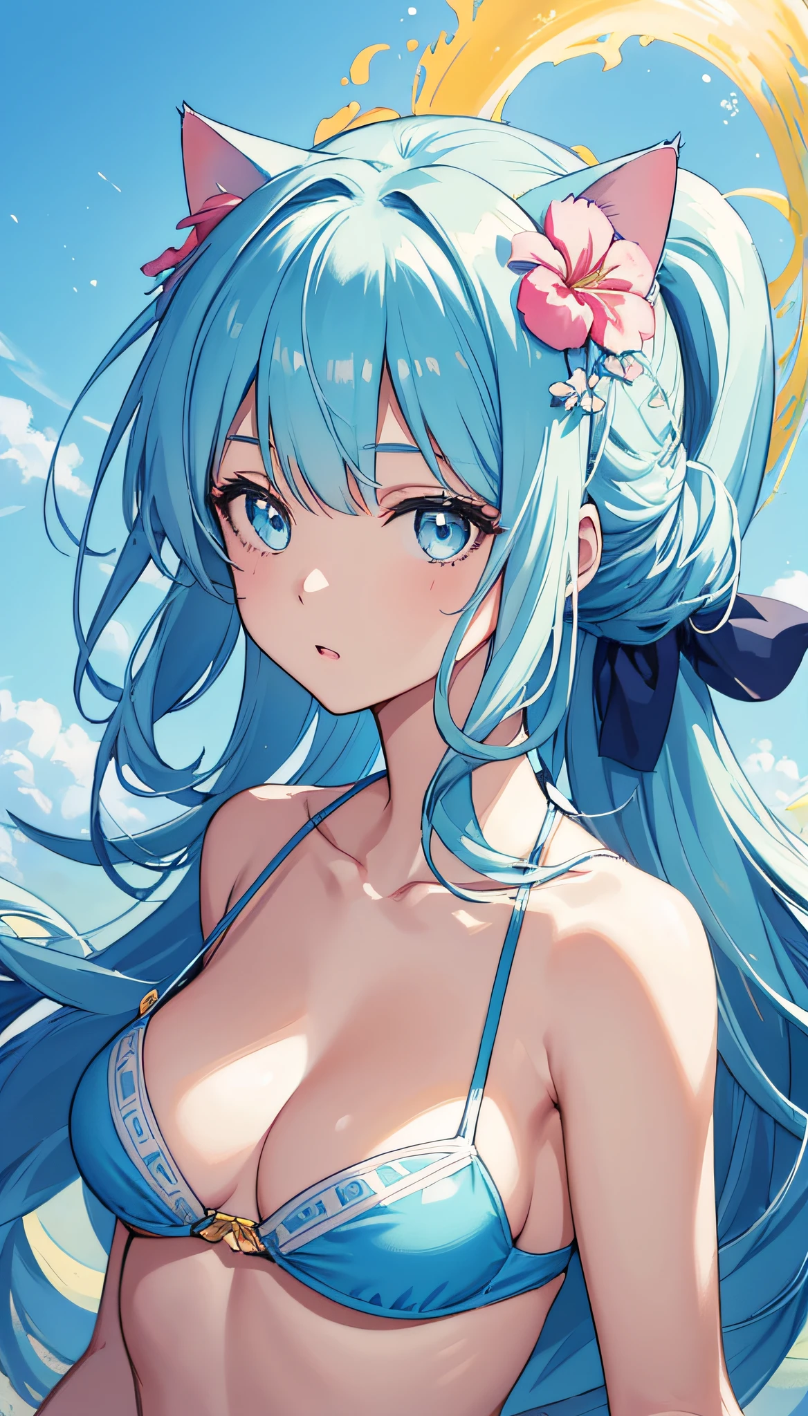 4k,8k,(masterpiece), (best quality), (super detailed), (disheveled hair), (illustration), (cat-eared girl), standing, fashion model, looking at the viewer, (interview), (simple background), finely beautiful eyes, delicate beautiful face, floating, (high saturation), (colorful splash), colorful bubble, (shine), focus on face, ponytail, colorful seven colors hair,kamisato ayaka,light blue hair,bangs,hair ring,floating flowers,floating hair,(shining),best lighting,best shadow,swimsuit,bikini,bikini