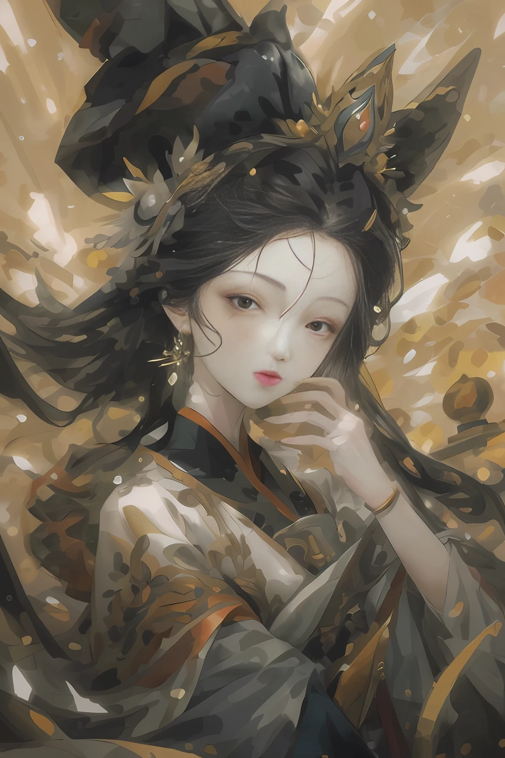 painting of a woman with a hat and a feathered headdress, artwork in the style of guweiz, guweiz, palace ， a girl in hanfu, guweiz masterpiece, beautiful anime portrait, guweiz on pixiv artstation, beautiful character painting, guweiz on artstation pixiv, by Yang J, a beautiful fantasy empress