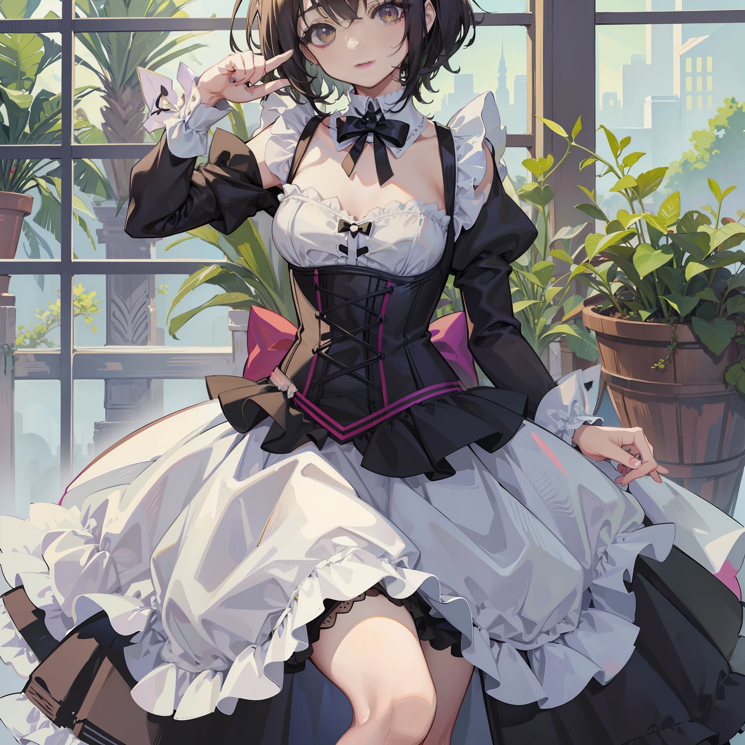 there is a woman in a corset and a skirt posing for a picture, maid outfit, cosplay of a catboy! maid! dress, gorgeous maid, small curvy , anime girl in a maid costume, ornate cosplay, cosplay, anime cat girl in a maid costume, dressed in a frilly ((ragged)), cosplay photo, maid, frilly outfit
