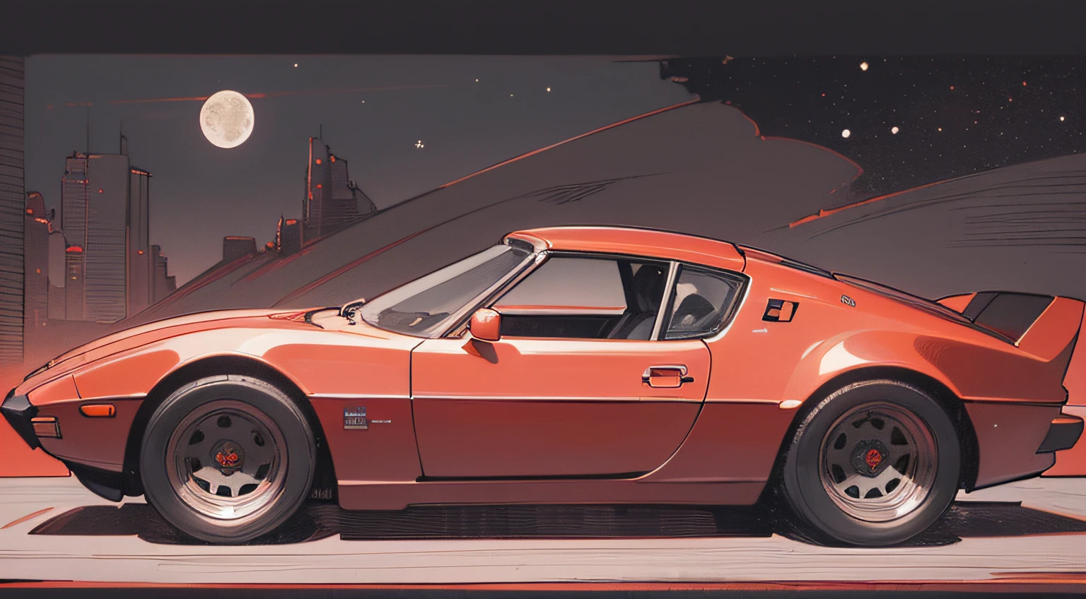 (masterpiece), (best quality), (best detail), (distant general point of view), (postage stamp),(main color of the illustration: deep red), (secondary color: light gray), a sports car from the 70' driven by a woman with defiant stance, highly detailed chassis, futuristic western scenery, night (many stars, moon), shading (detailed, much contrast), very saturated pulp colors