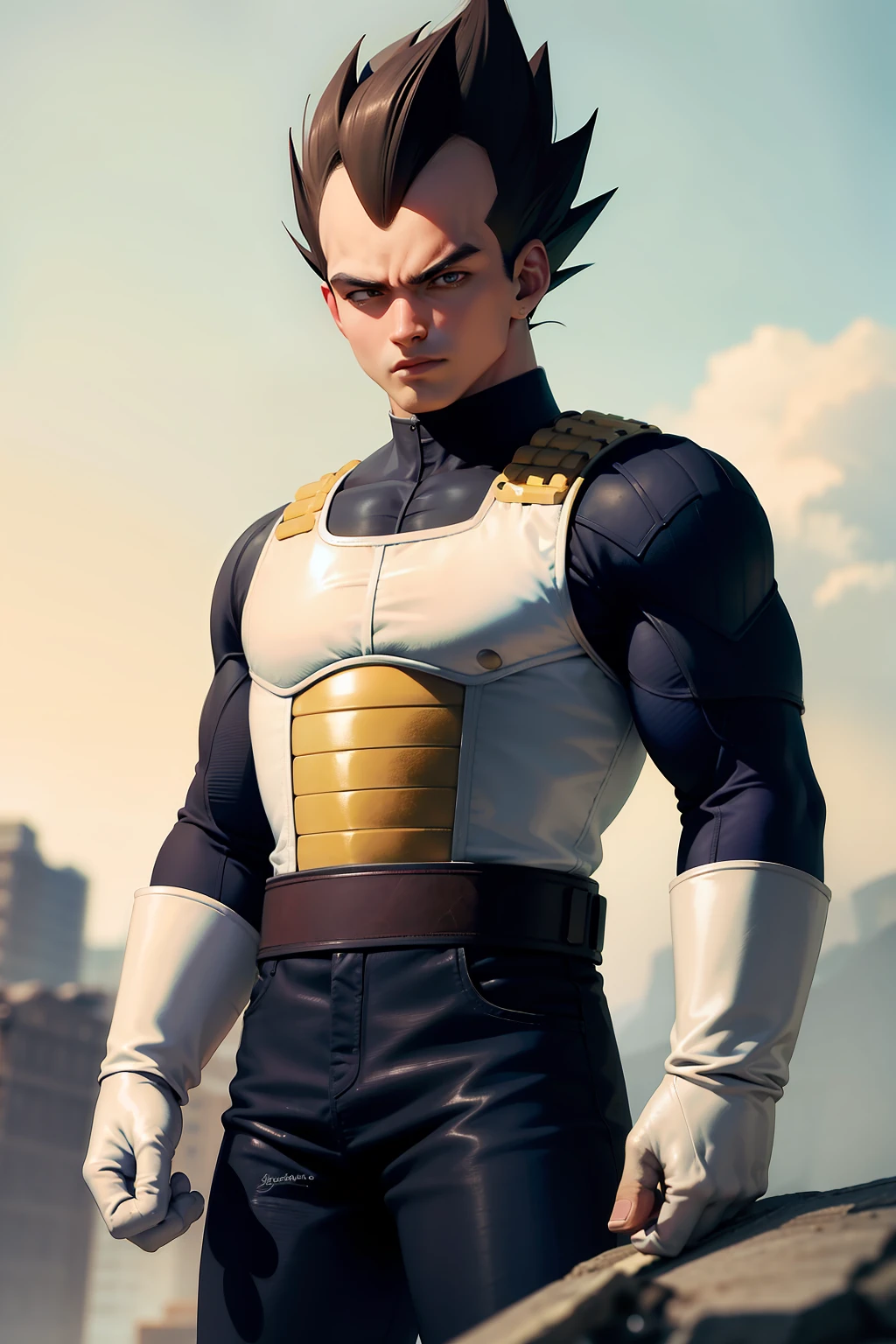 (masterpiece, best quality:1.2), cowboy shot, solo, male focus, 1boy, vegeta, serious, looking at viewer, black spiked hair, black eyes, armor, white gloves