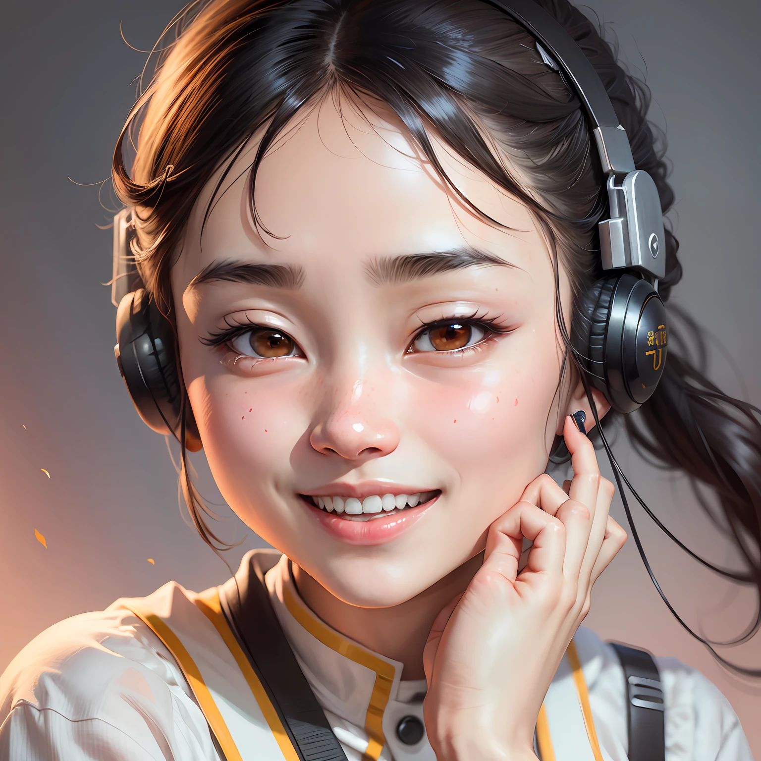 There is a woman wearing white earphone headphones, Chen Xintong, young and cute Wan Ya face, Liu Chengyou, Wan cute Korean face, broad forehead, Chiho, young and cute Korean face, Wu Xisen, Ye Wenfei, Chinese girl, Asian face, Ruan Meng cute vtuber, Gongbi, Yunling, Lin Qifeng, anime sense, oil painting style, fair skin, toothy smile, cute, college student, gentle, quiet , girlfriend, white suspender explicit, sexy --auto --s2