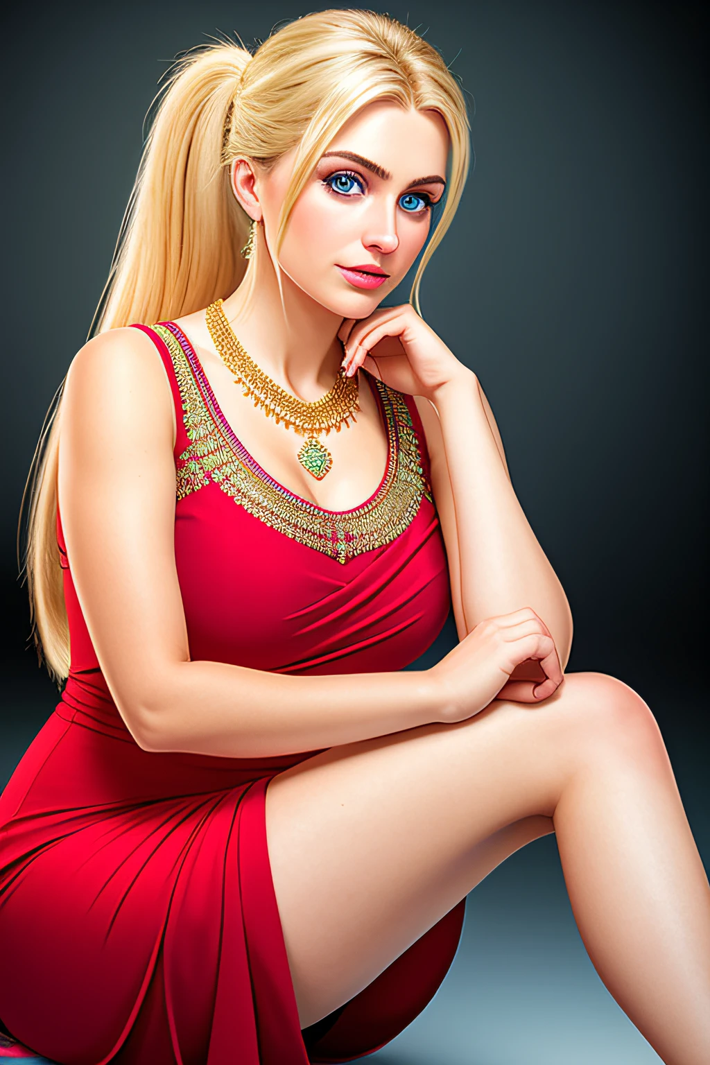 wear Saree criss cross sitting, red dress a bindi on the center of the forehead, gorgeous royal temple, jewelry, gem, necklace, gold bracelet, anklets, thick lips, hands on lips, skindentation, parted lips, (detailed eyes), (seductive pose), ulzzang-6500-v1.1, (large breast:1.2), , thick eyelashes, long eyelashes, light blonde hair, Ponytail, blue eye, HDR, shallow depth of field, broad light, backlighting, bloom, light sparkles, chromatic aberration, sharp focus, Nikon Z 85mm unparalleled masterpiece, ultra-realistic 8k photos, best quality masterpiece, best quality, (photorealistic:1.2), (realistic:1.5), (hyperrealistic:1.2),(photorealistic face:1.2)