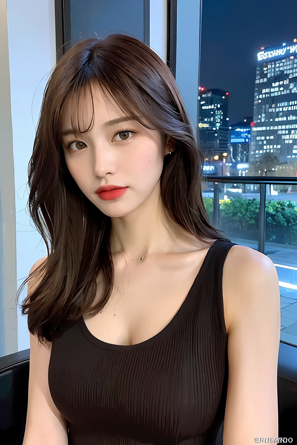 ((Best quality, 8k, Masterpiece :1.3)), Whole body, Long legs, Sharp focus :1.2, ((A pretty woman with perfect figure :1.4)), Slender abs :1.2, ((Dark brown hair, Huge breasts :1.2)), White tank top short dress :1.1, (Night city view :1.1), Highly detailed face and skin texture, Detailed eyes, Double eyelid