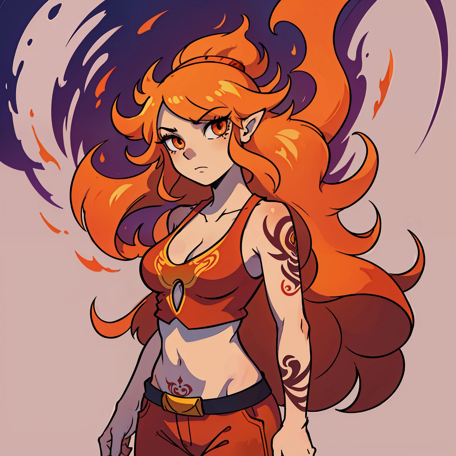 flame princess of adventure time, female character, such traits as from neo traditional tattoos, traces of graffiti, aggressive thick strokes, drawing, digital painting, 2 dimensions, ultra detailed