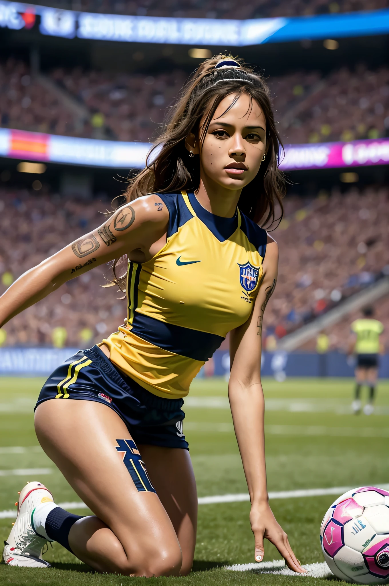 Beautiful woman neymar version on a football field