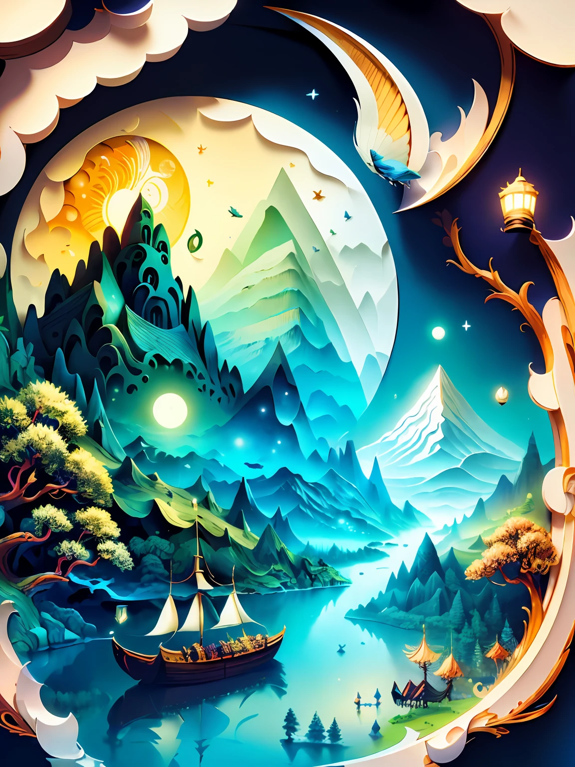 (masterpiece),(best quality), illustration, (fantasy:1.4), forest, a moon, river, mountains, forest, sea, sailboat, paper_cut