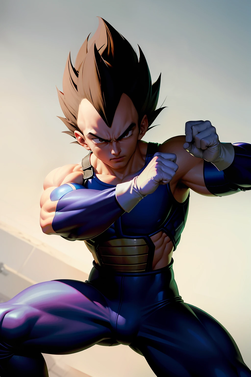 (masterpiece, best quality: 1.2), fighting pose, bruised, solo, male focus, muscular, strong, 1boy, vegeta, brave, looking at the viewer, black hair spiked, black eyes, armor, white gloves