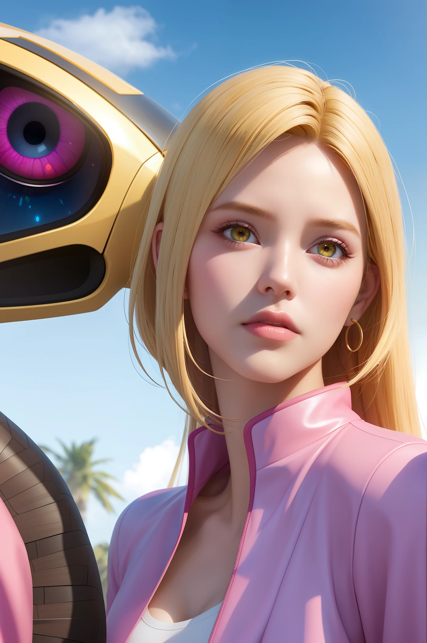 A closeup of a woman in pink jacket and jeans, Deviantart Artstation CGSosiety, Extremely detailed ArtGerm, Realistic Artstyle, Badass Anime 8K, IG Model | Artgerm, Fanart Best Artstation, Artgerm Julie Bell Beeple, Wojtek Fus, Artgerm ; Unreal 3D engine, light blonde hair, yellow eyes, photorealistic, seductive look