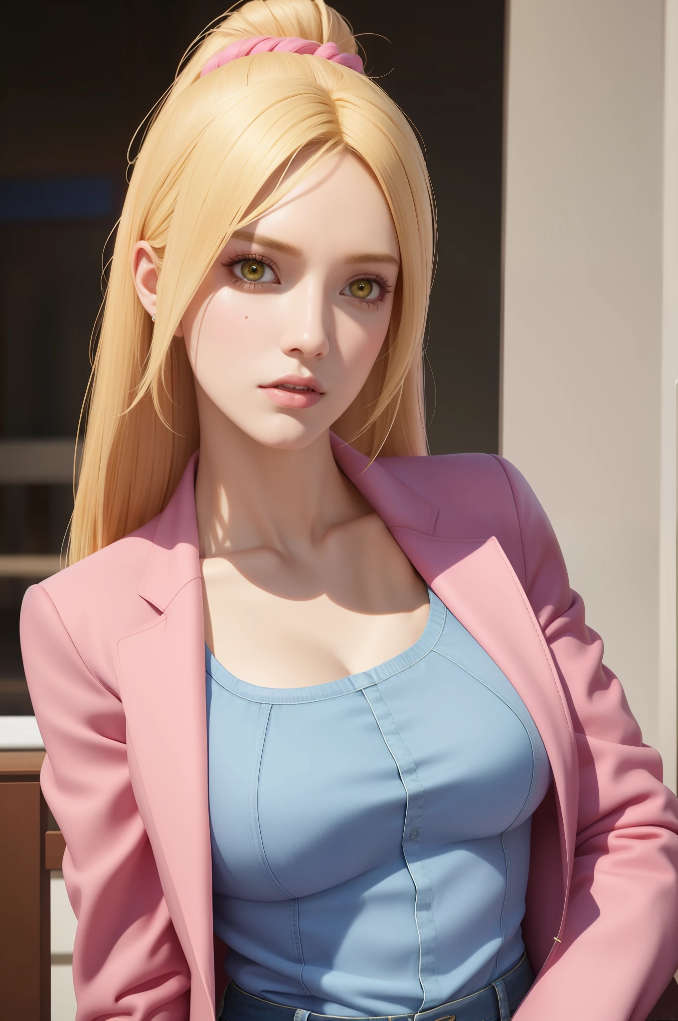 A closeup of a woman in pink jacket and jeans, Deviantart Artstation CGSosiety, Extremely detailed ArtGerm, Realistic Artstyle, Badass Anime 8K, IG Model | Artgerm, Fanart Best Artstation, Artgerm Julie Bell Beeple, Wojtek Fus, Artgerm ; Unreal 3D engine, light blonde hair, yellow eyes, photorealistic, seductive look