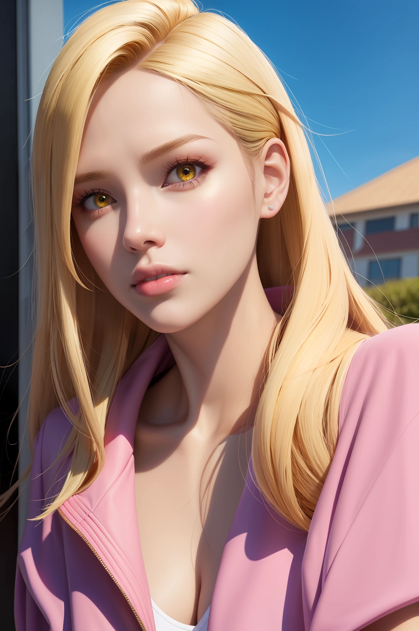 A closeup of a woman in pink jacket and jeans, Deviantart Artstation CGSosiety, Extremely detailed ArtGerm, Realistic Artstyle, Badass Anime 8K, IG Model | Artgerm, Fanart Best Artstation, Artgerm Julie Bell Beeple, Wojtek Fus, Artgerm ; Unreal 3D engine, light blonde hair, yellow eyes, photorealistic, seductive look