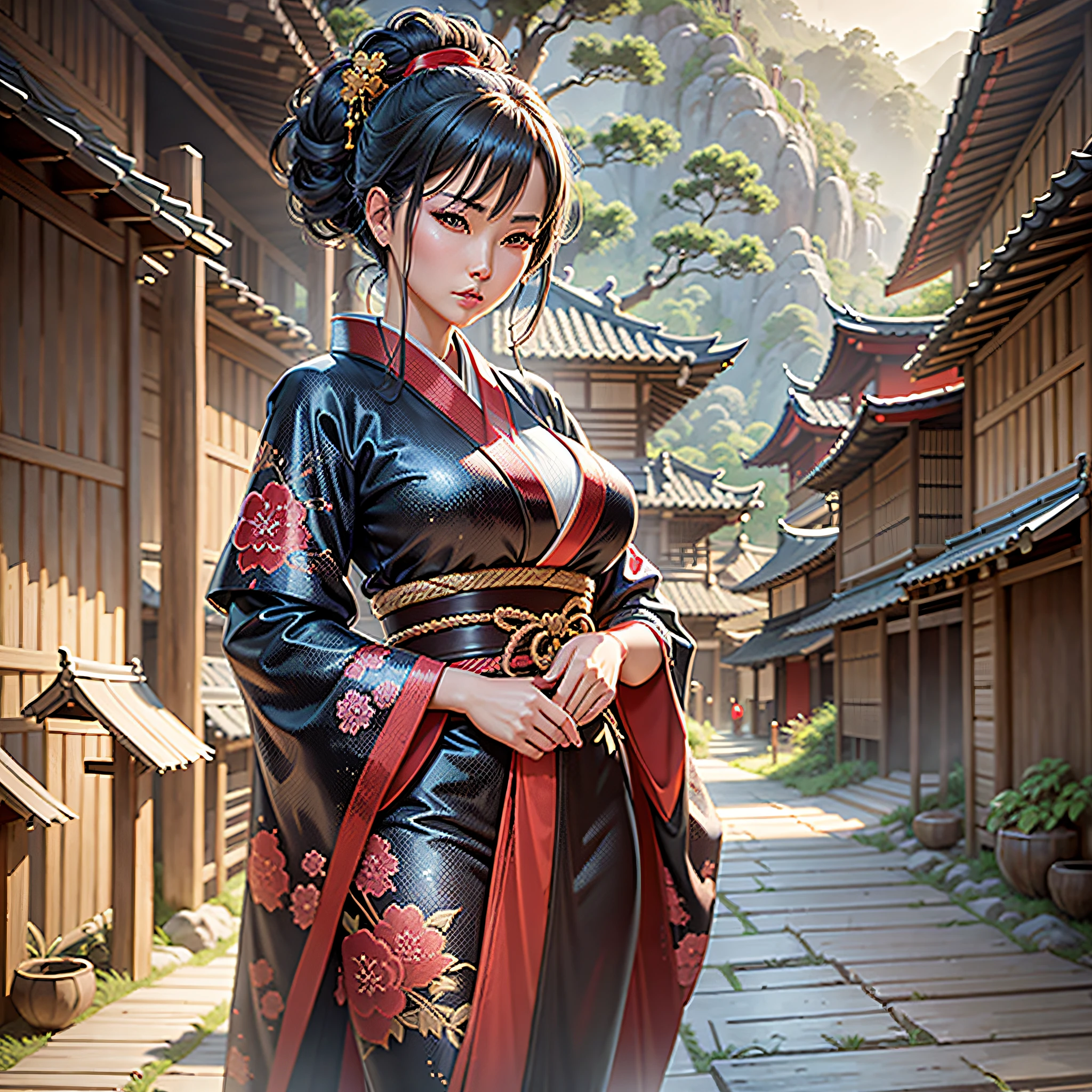 A masterpiece ultra detailed digital art of a power woman with a detailed balck and red kimono. bamboo village background. Cinematic pose, cinamtic shade, cinemati light, cinematic atmosphere, ultra detailed, ultra beautiful, 9K , hight resolution