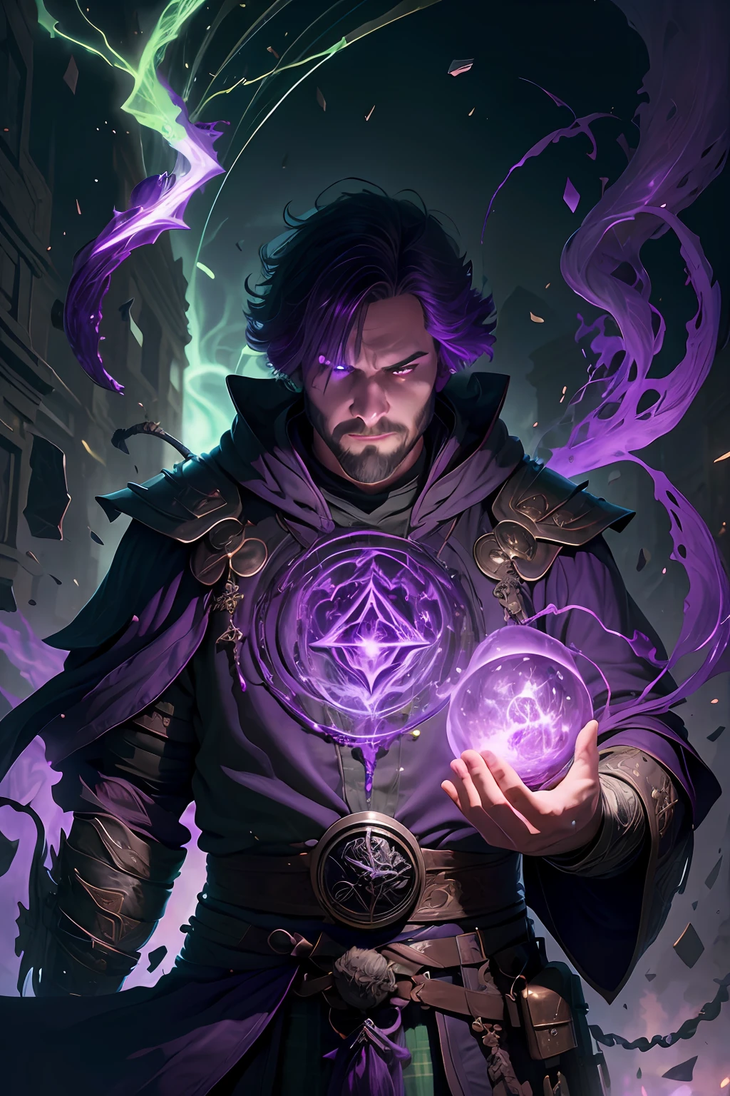 (1man, fat adult Scottish male:1.2), purple eyes, brown hair, undercut,
  looking down, solo, half shot, detailed background, detailed face, (V0id3nergy, empty theme:1.1) evil mage, black light armor robes, determined expression, green color scheme, dark green light, rock summoning circle, bright magic text, dark atmosphere, shadows, realistic lighting, floating particles, sparks, surrounded by purple ray casting spell, rock summoning,  (thick melted candles:0.8), purple arcane symbols, eyes hungry for power, bloom
SCG,