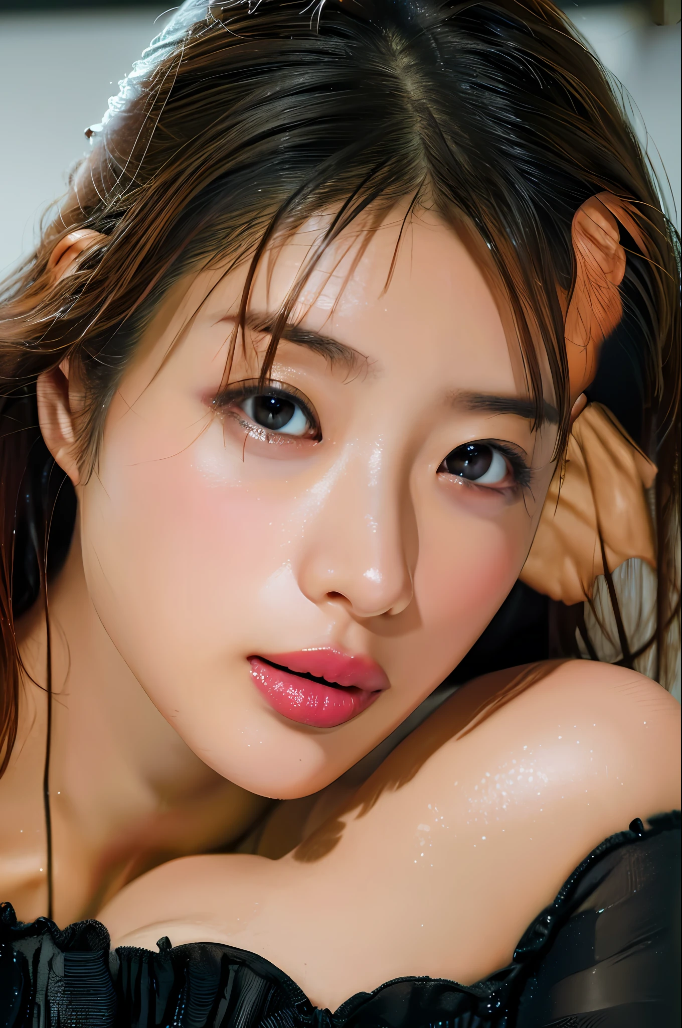 Best quality, masterpiece, ultra high res, (photorealistic:1.4), raw photo, 1girl, DARK hair, shiny skin, WET BODY, dramatic lighting, full body, bitch, micro bikini, huge breasts