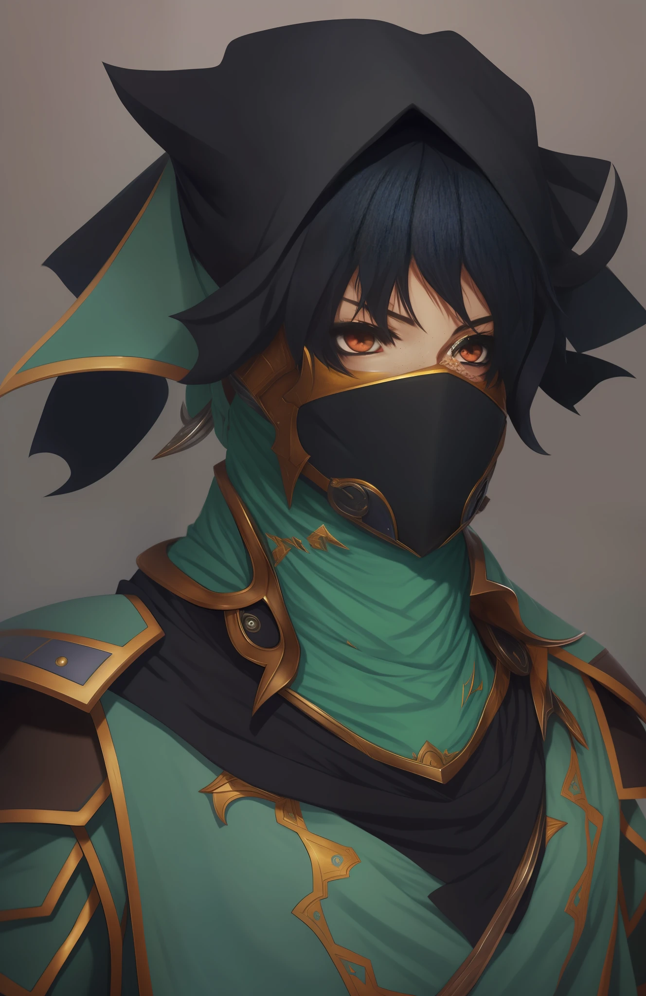 a drawing of a person with a scarf on and a hood on, unknown artstyle, sage ( valorant ), jett from valorant, portrait of a dnd character, concept headshot art, sketchy artstyle, trigger anime artstyle, detailed character portrait, afrofuturism anime, but the armor covers her face, portrait dnd, colored sketch, highly detailed exquisite fanart