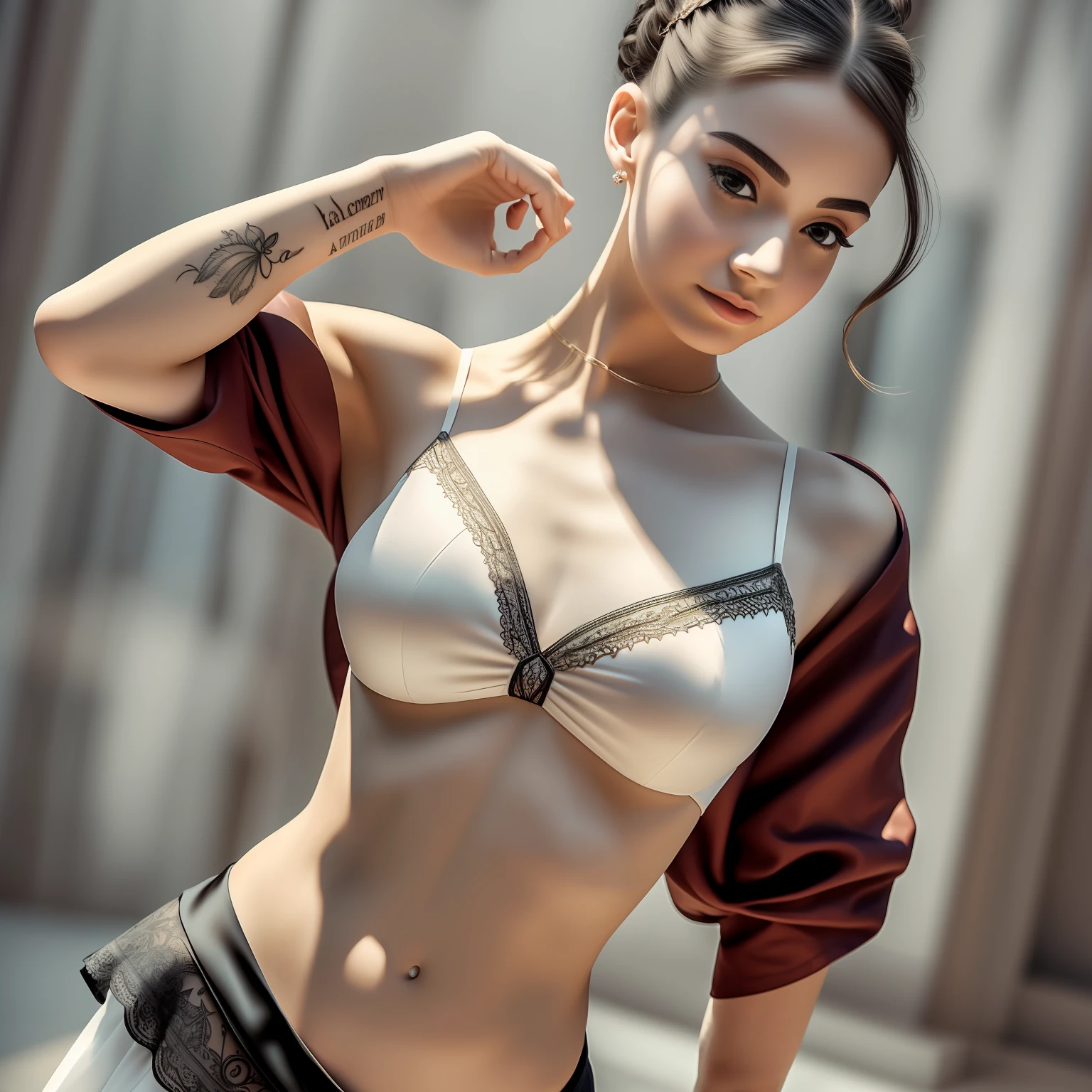 ((Ballerina)), perfect figure, black hair, braid, ((round breasts)), ((open shirt)), tattoo, short silk skirt, (groin: 1.2), collarbone, belly button, natural light, extremely detailed, 8yk, raw photo, high level of detail, (ray tracing), (masterpiece), (best quality), high resolution, (realistic: 1.4), physically based representation, ultrarealistic, whole body --auto --s2
